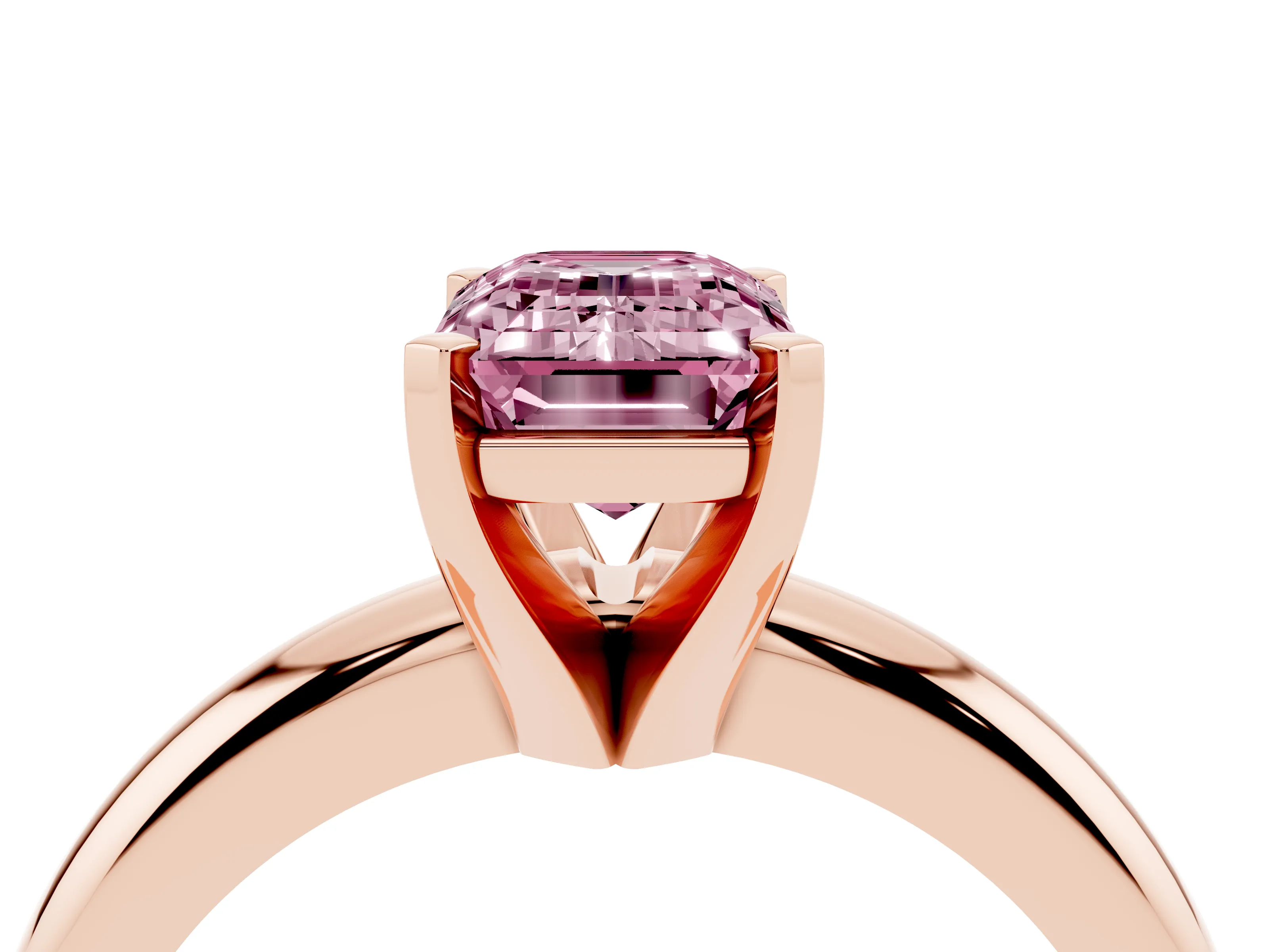 Fancy Pink Emerald Cut Diamond Solitaire Engagement Ring Set in Rose gold with Round Band and Prong Setting
