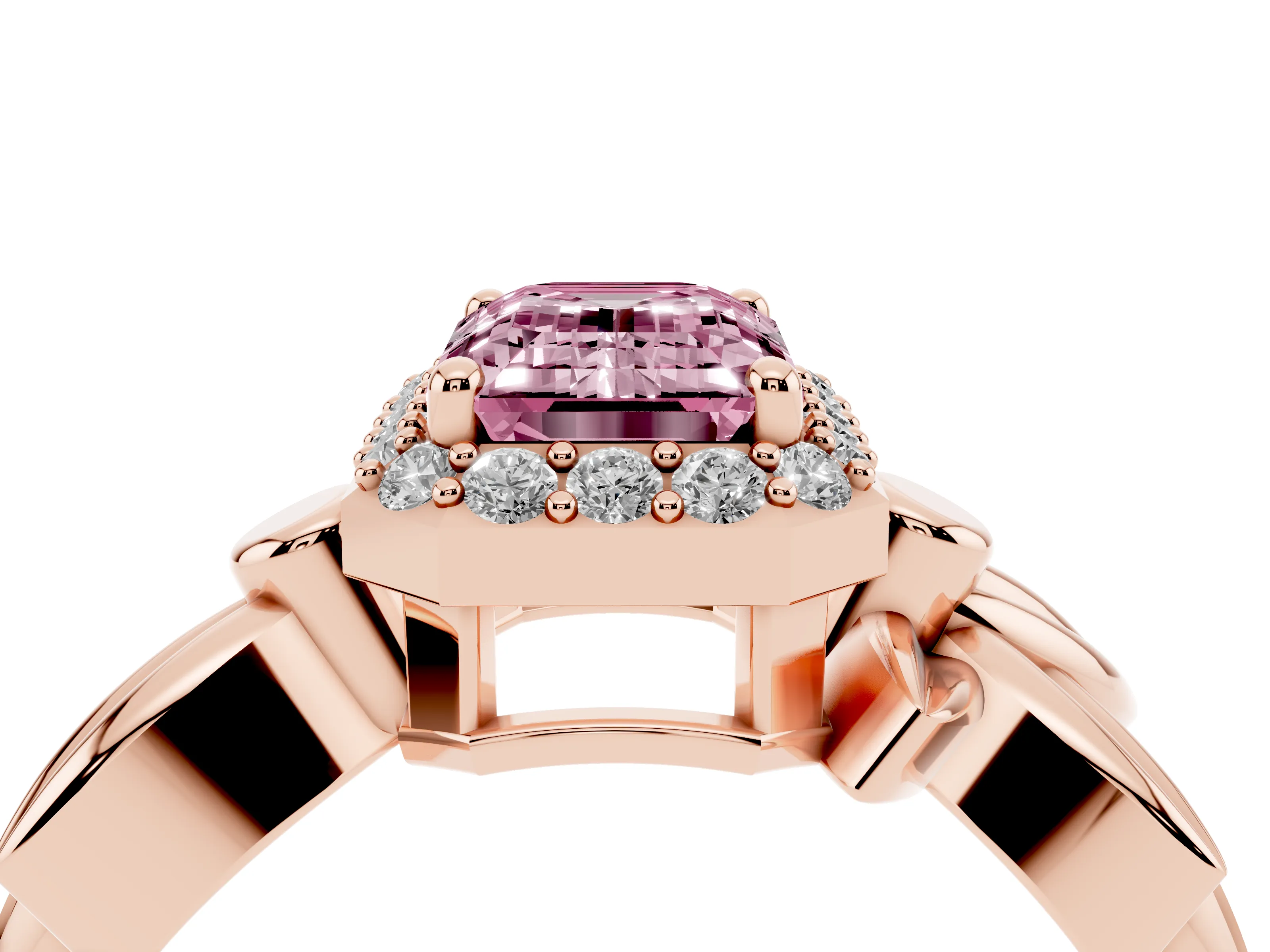 Fancy Pink Emerald Cut Diamond Halo Floral Band Ring Set in Rose gold with Prong Setting