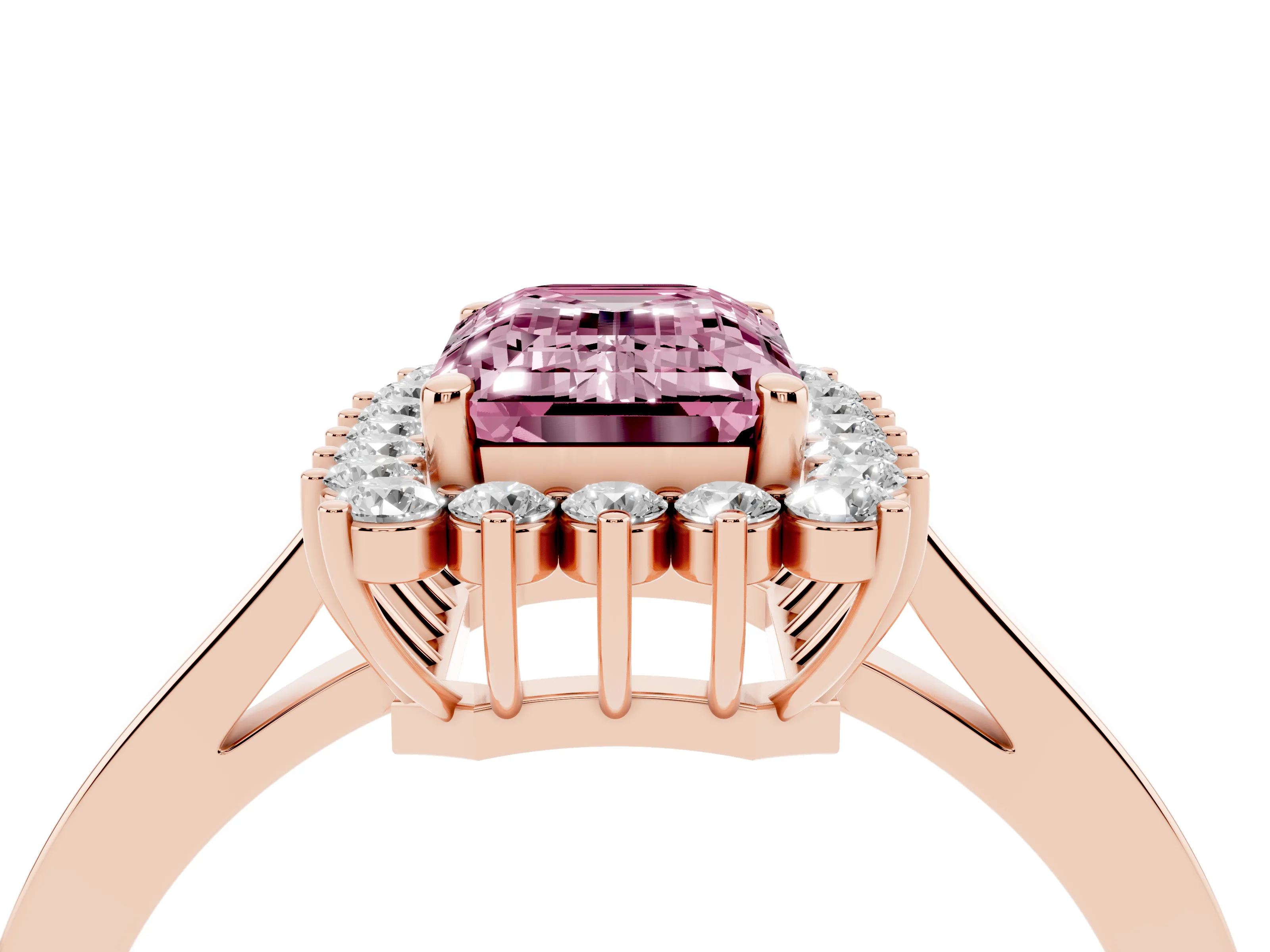 Fancy Pink Emerald Cut Diamond Halo Ring Set in Rose gold with Round Halo and Smooth Solitaire Band