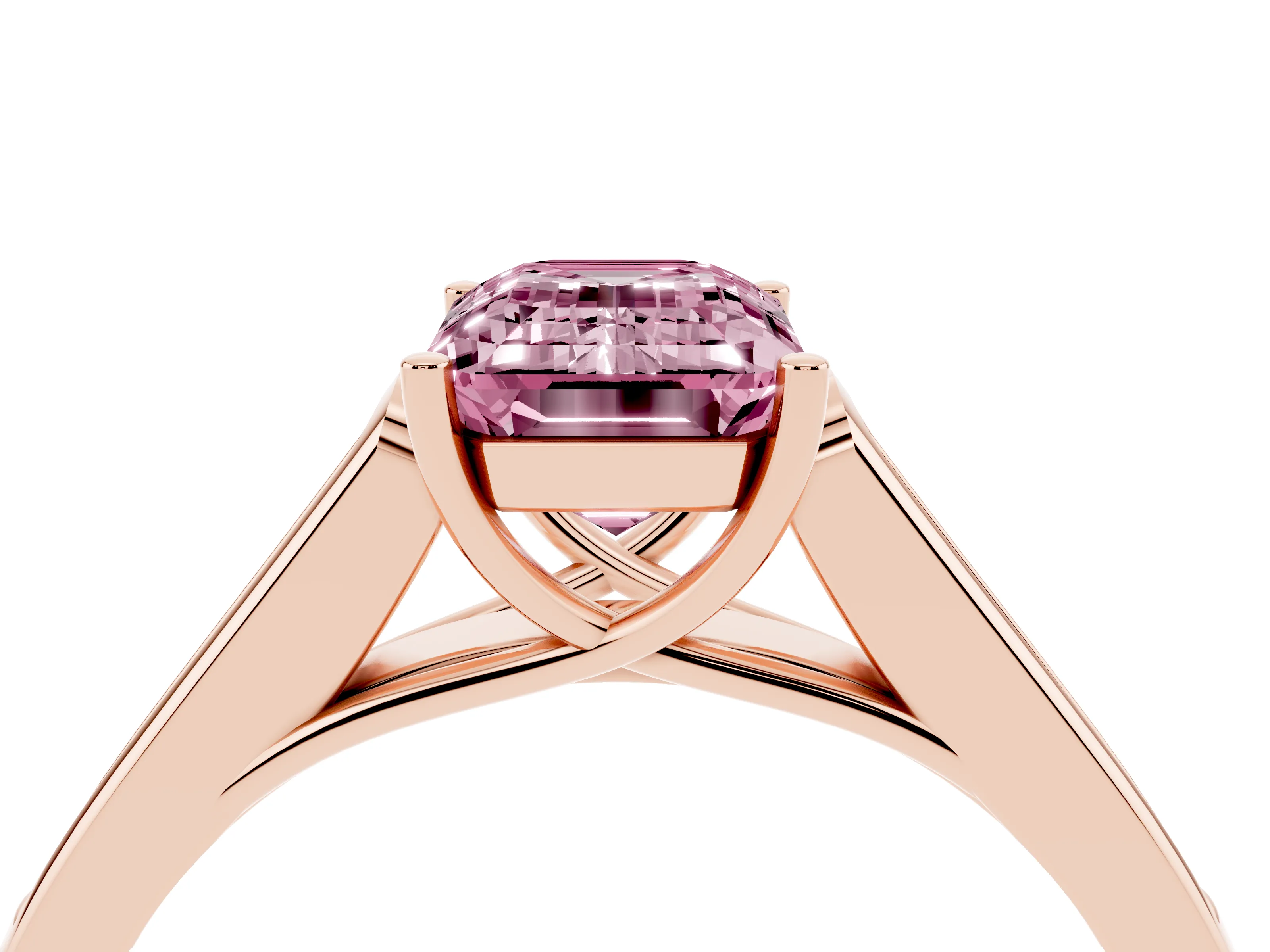 Fancy Pink Emerald Cut Diamond Solitaire Cathedral Engagement Ring Set in Rose gold with Channel-Set Band and Prong Setting