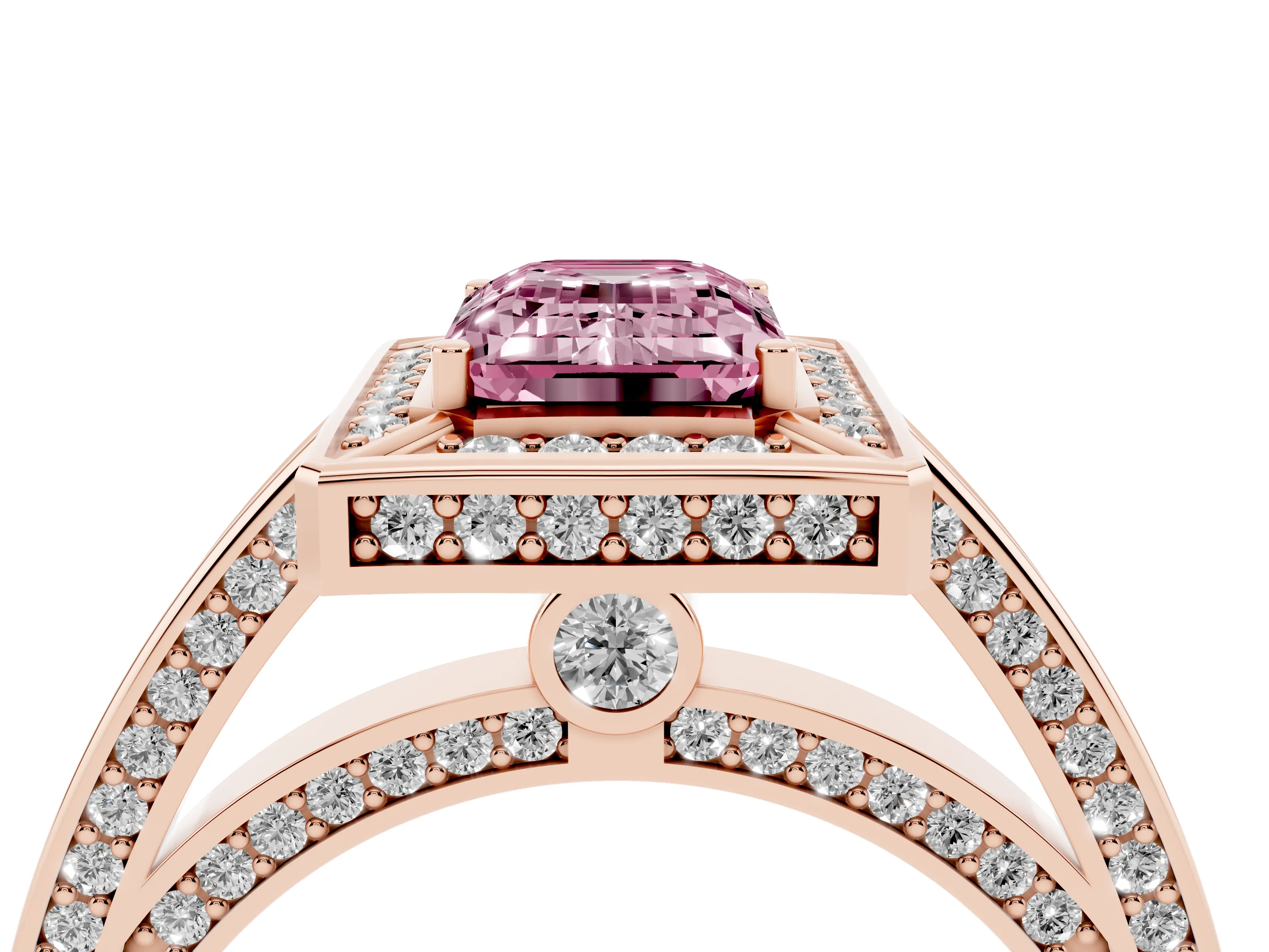 Fancy Pink Emerald Cut Diamond Halo Pavé Split Shank Ring Set in Rose gold with Prong Setting