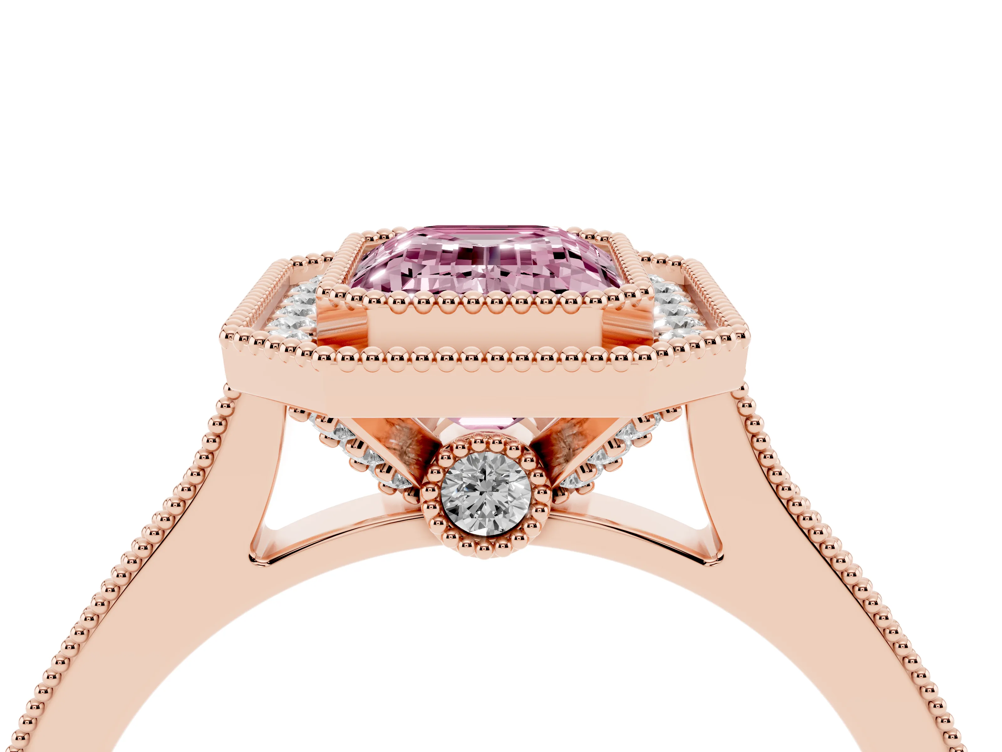Fancy Pink Emerald Cut Diamond Halo Milgrain Pavé Band Ring Set in Rose gold with Prong Setting
