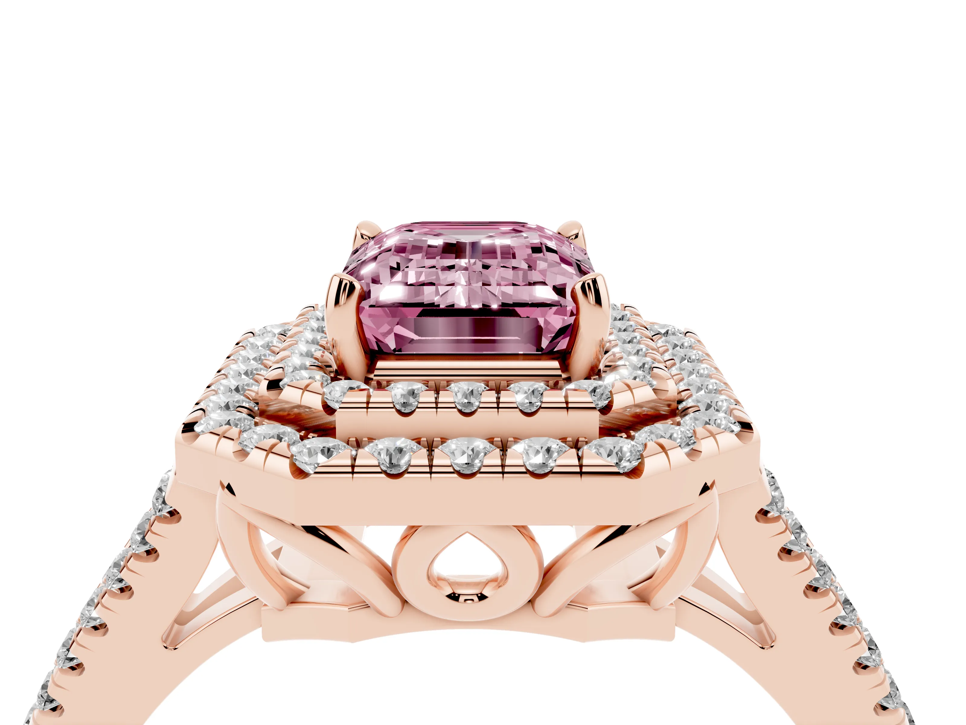 Fancy Pink Emerald Cut Diamond Double Halo Ring Set in Rose gold with Pavé Band