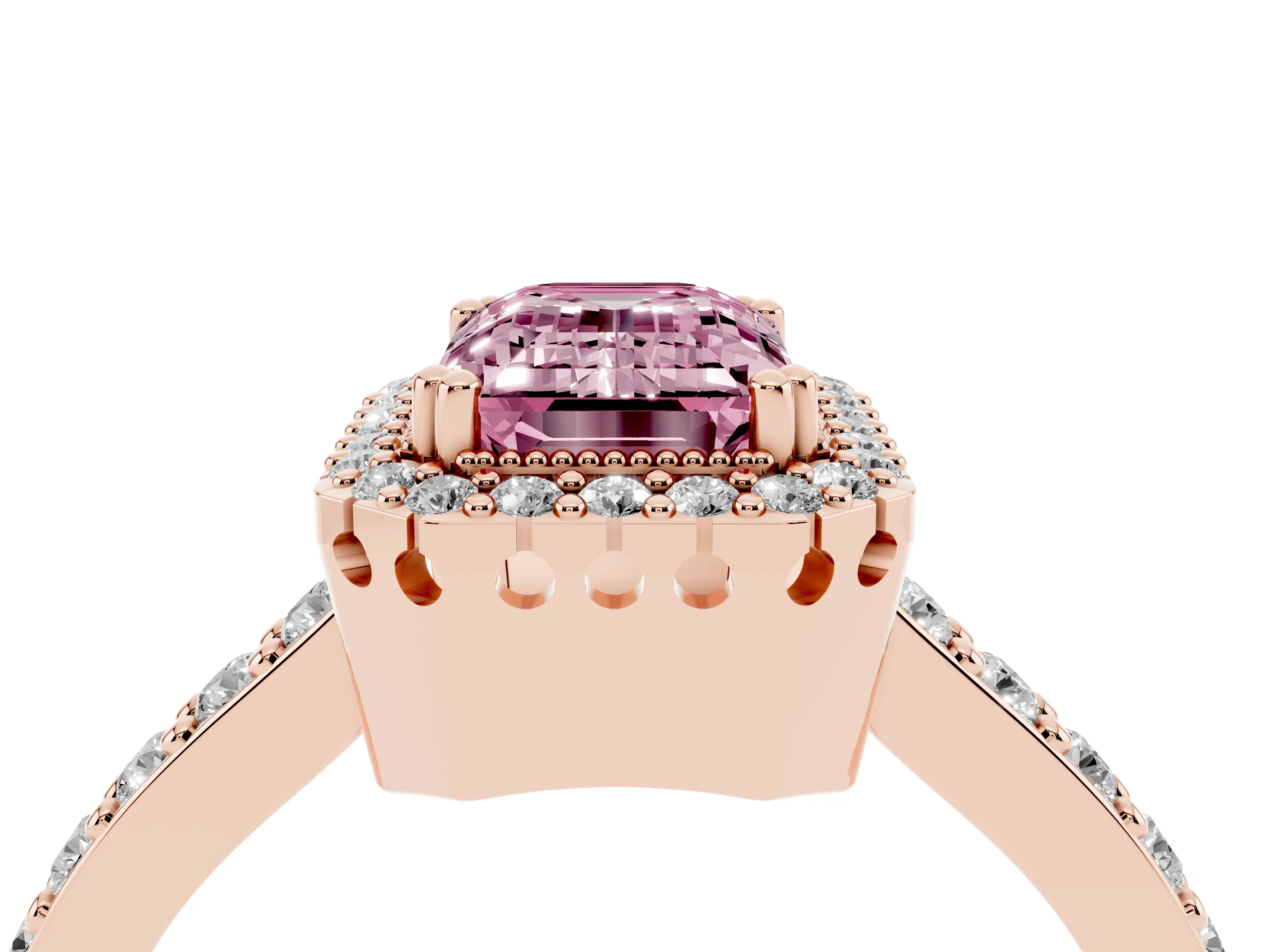 Fancy Pink Emerald Cut Diamond Halo Engagement Ring Set in Rose gold with Milgrain Detail and Pavé Band