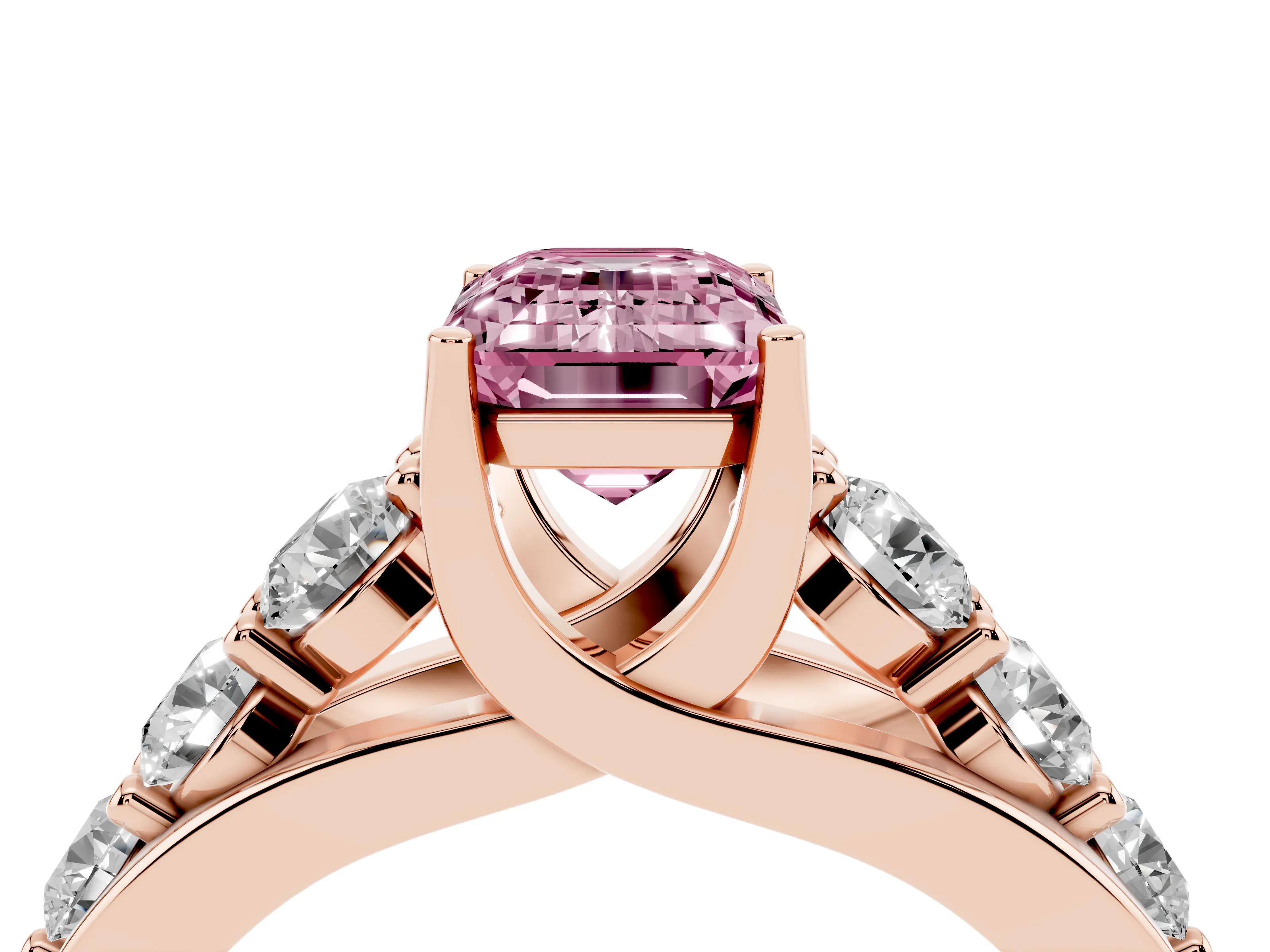 Fancy Pink Emerald Cut Diamond Pavé Engagement Ring Set in Rose gold with Prong Setting