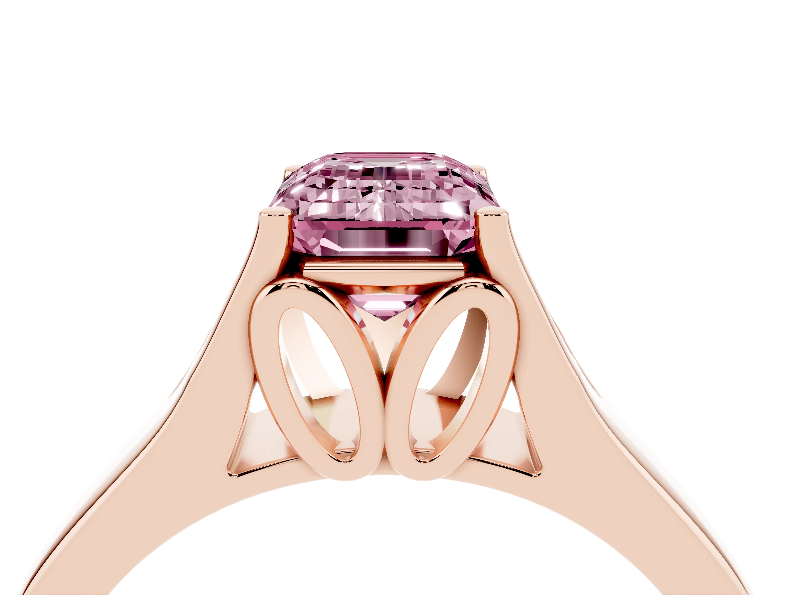 Fancy Pink Emerald Cut Diamond Solitaire Ring Set in Rose gold with Arched Cathedral Band and Prong Setting