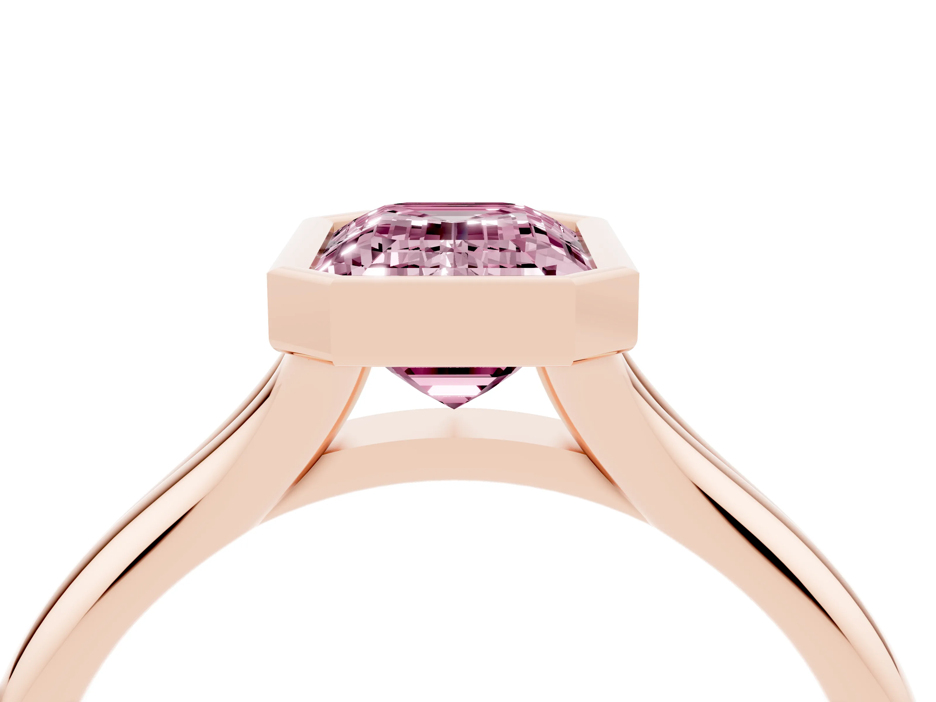 Fancy Pink Bezel Set Emerald Cut Diamond Solitaire Ring Set in Rose gold with Smooth Band