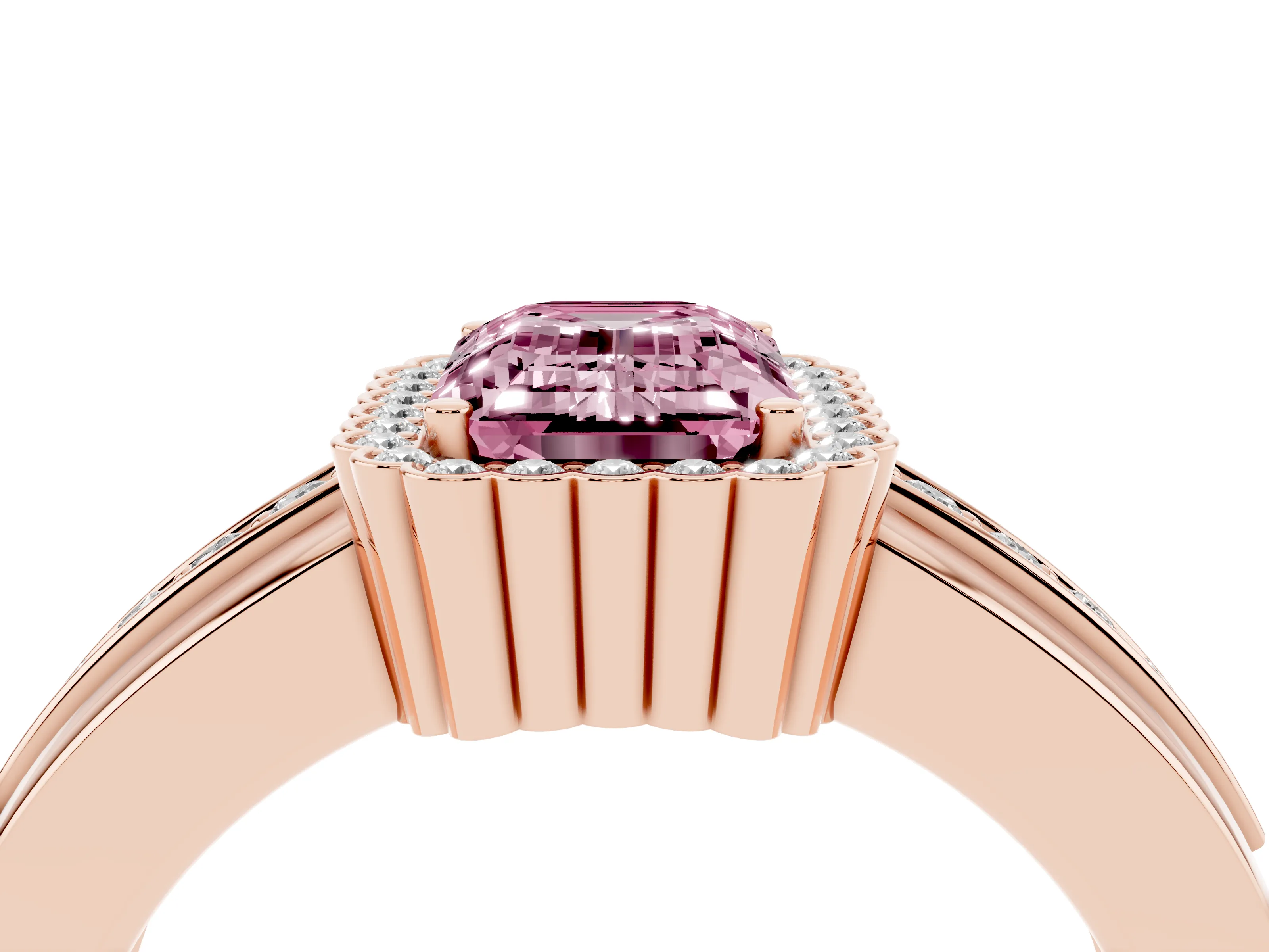 Fancy Pink Emerald Cut Diamond Halo Prong Ring Set in Rose gold with Pavé Band