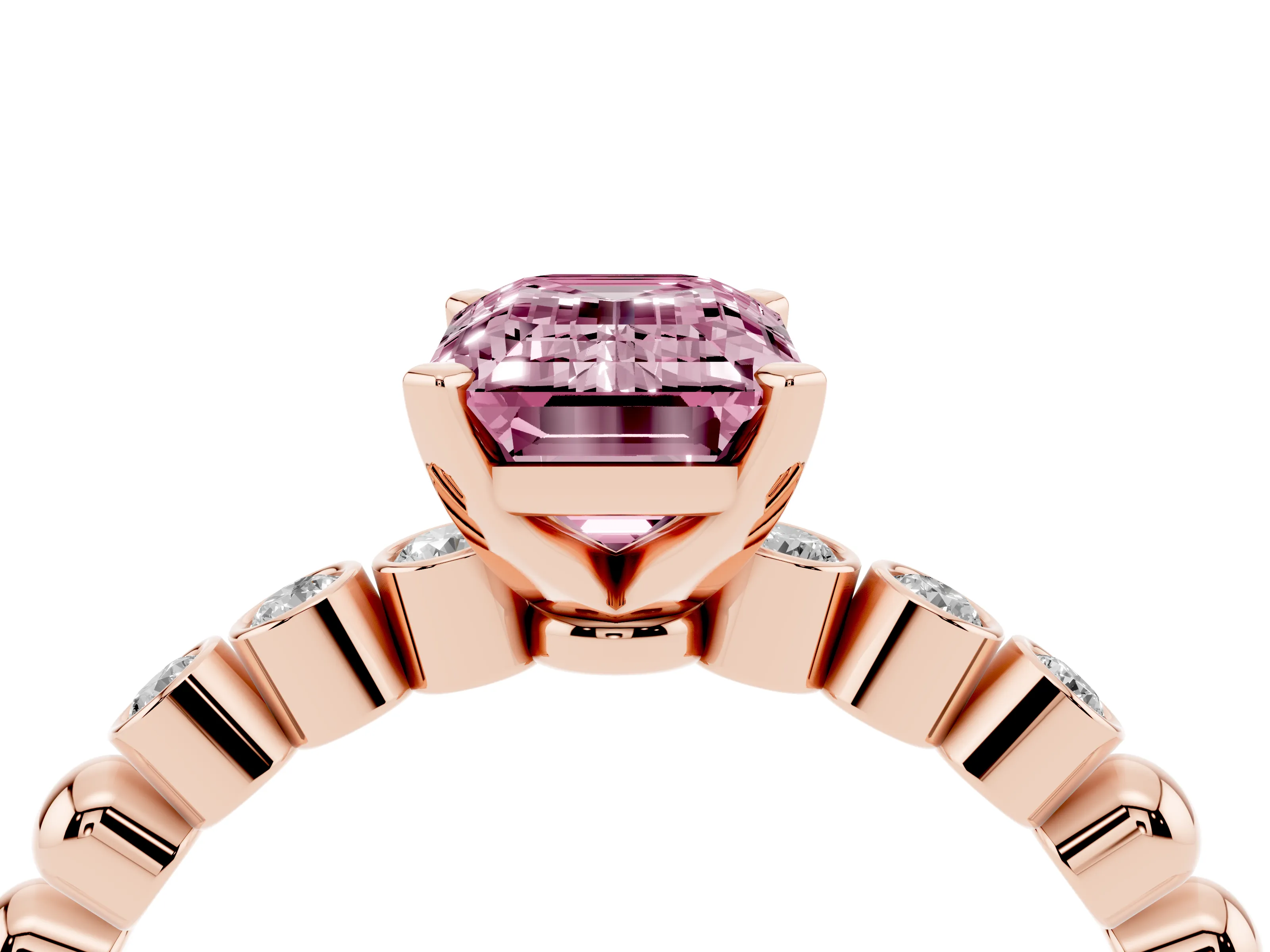 Fancy Pink Emerald Cut Diamond Solitaire Engagement Ring Set in Rose gold with Bezel Accents on Beaded Band