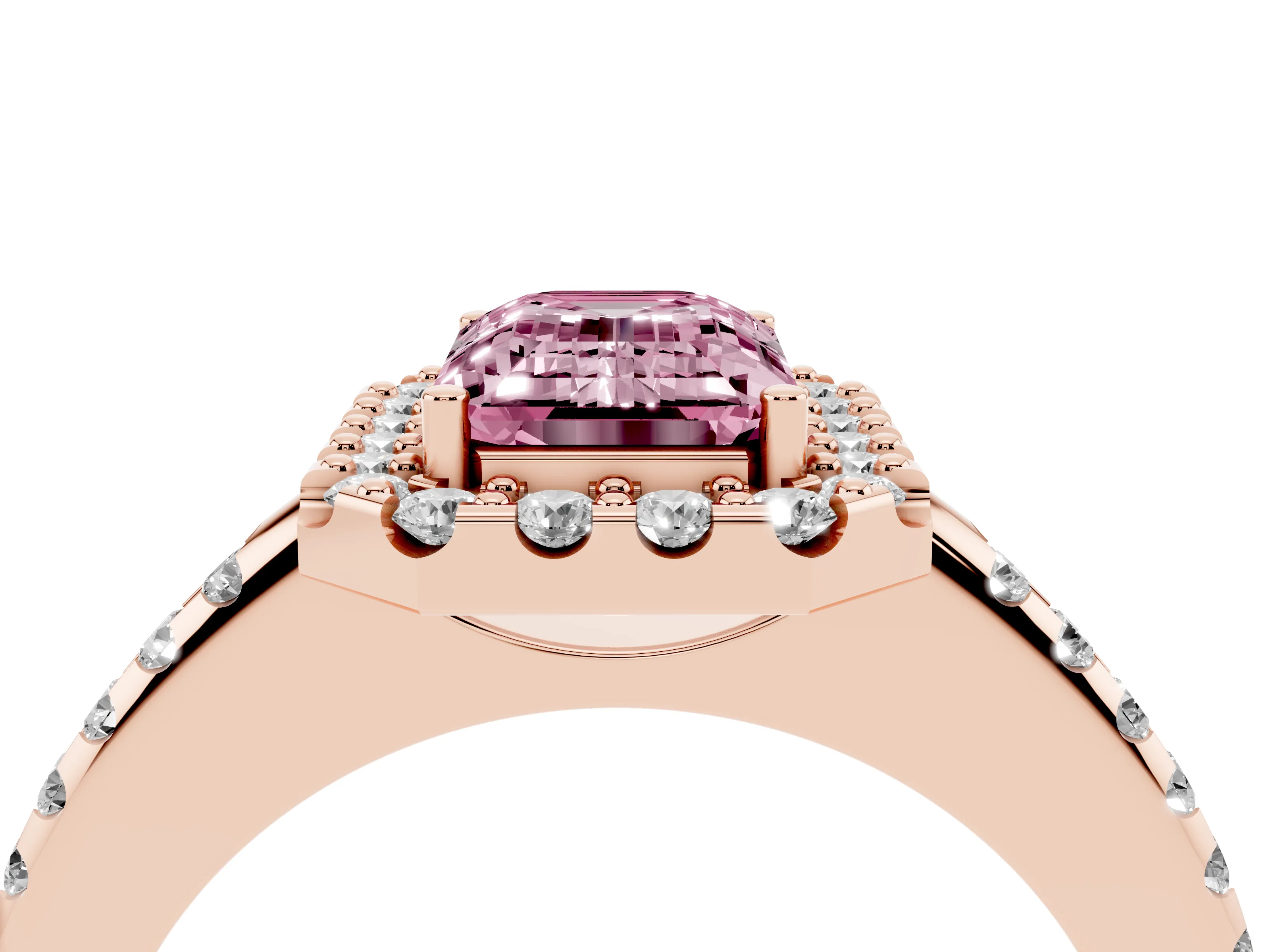 Fancy Pink Emerald Cut Diamond Pavé Halo Ring Set in Rose gold with Prong Setting