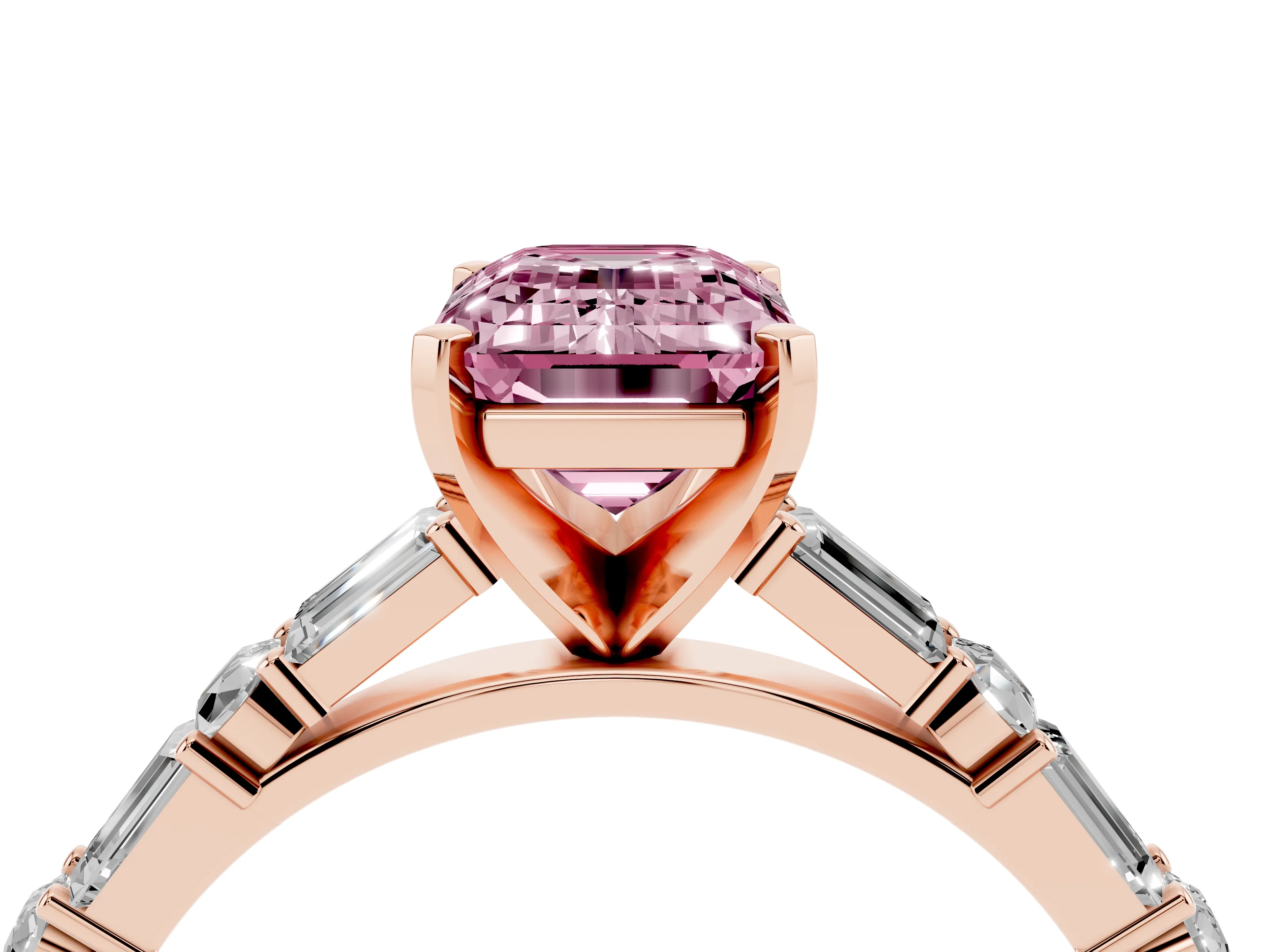Fancy Pink Emerald Cut Diamond Solitaire Set in Rose gold with Side Baguettes and Channel Set Band