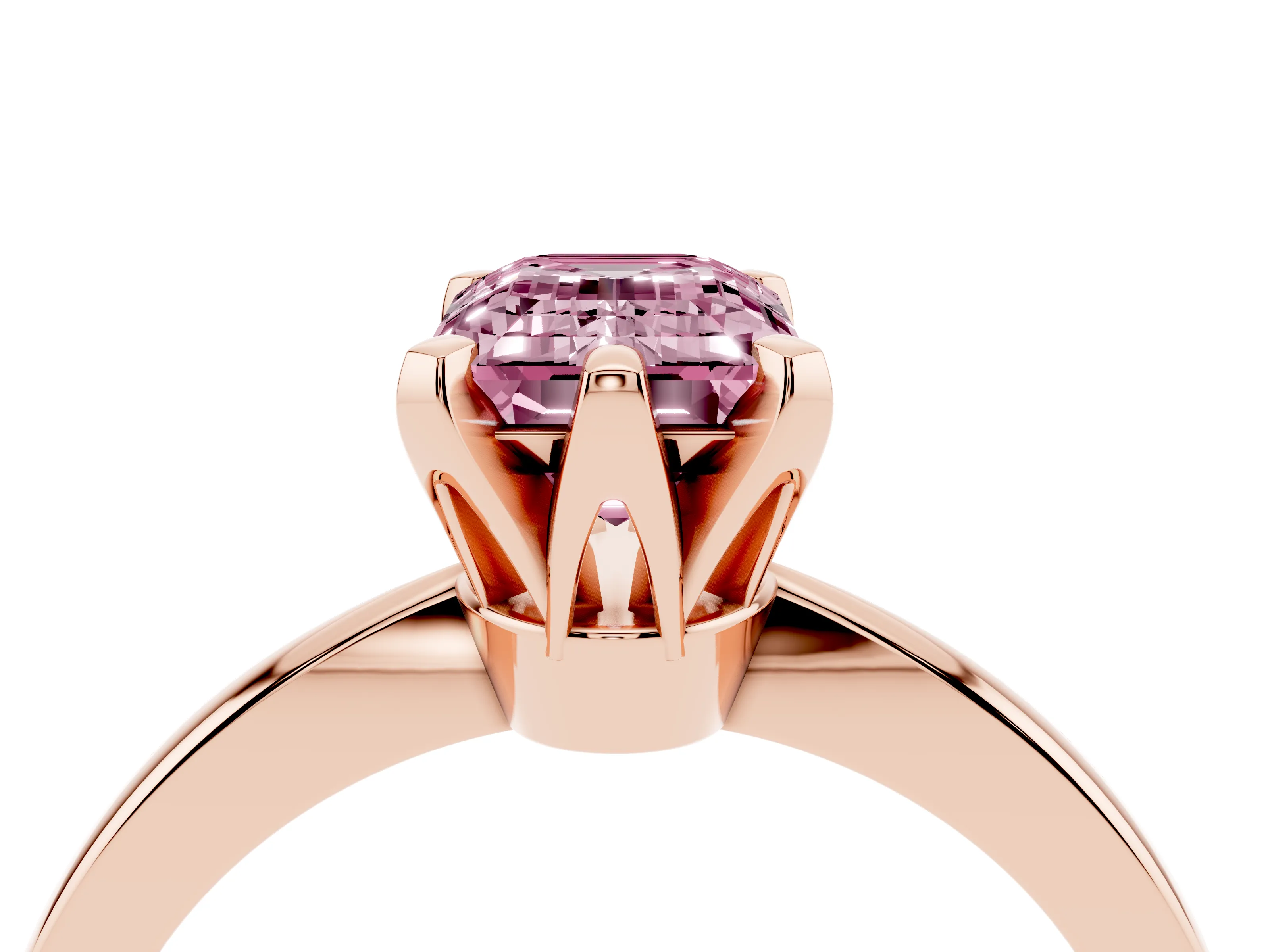 Fancy Pink Emerald Cut Diamond Solitaire Engagement Ring Set in Rose gold with Slim Tapered Solitaire Band