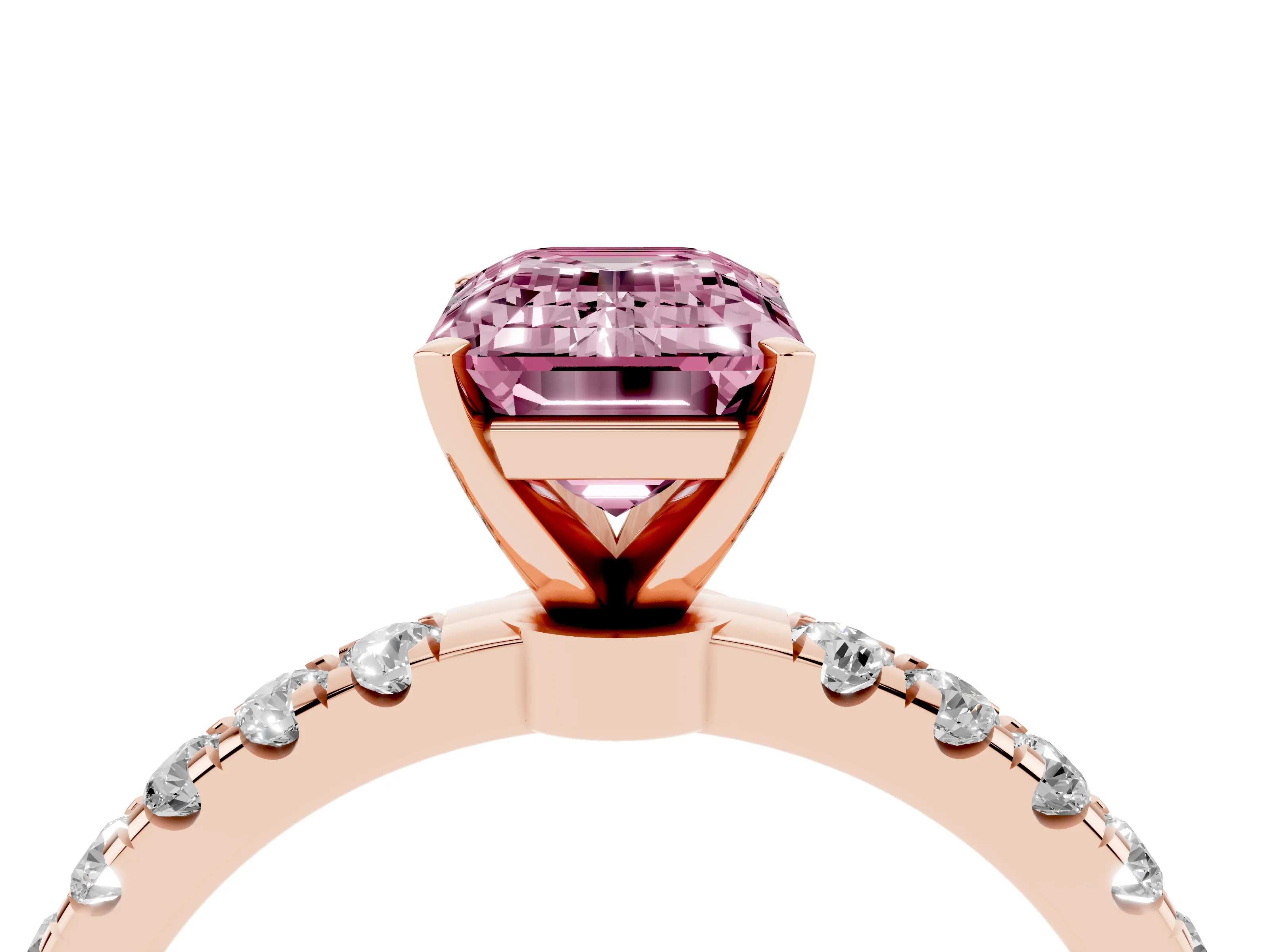 Fancy Pink Emerald Cut Diamond Solitaire Ring Set in Rose gold with Pavé Accents and Prong Setting