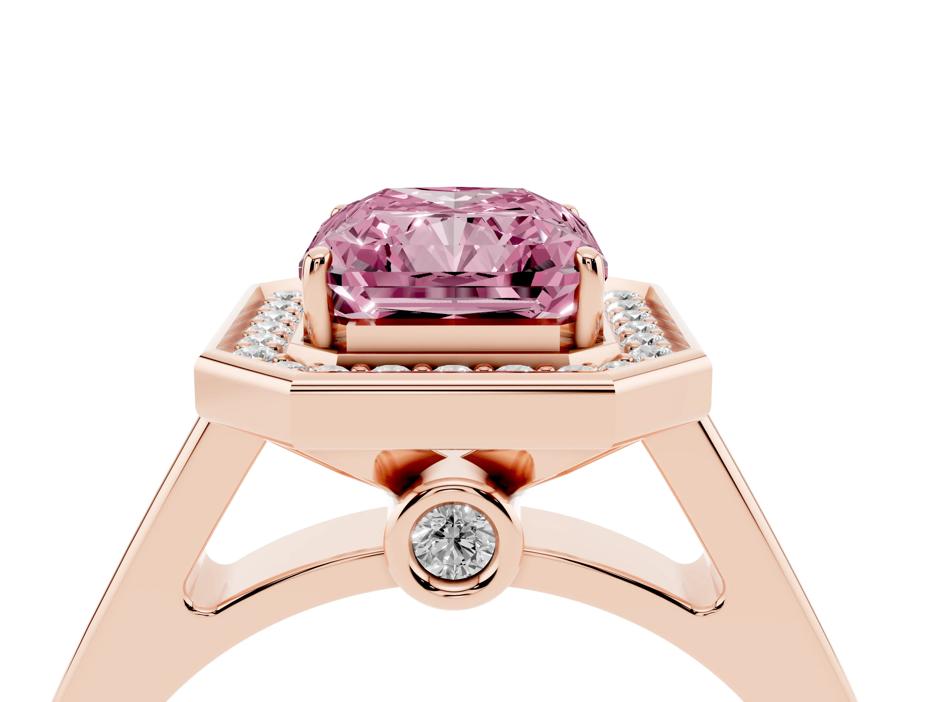 Fancy Pink Emerald Cut Diamond Halo Solitaire Ring Set in Rose gold with Pavé Band and Bezel Setting