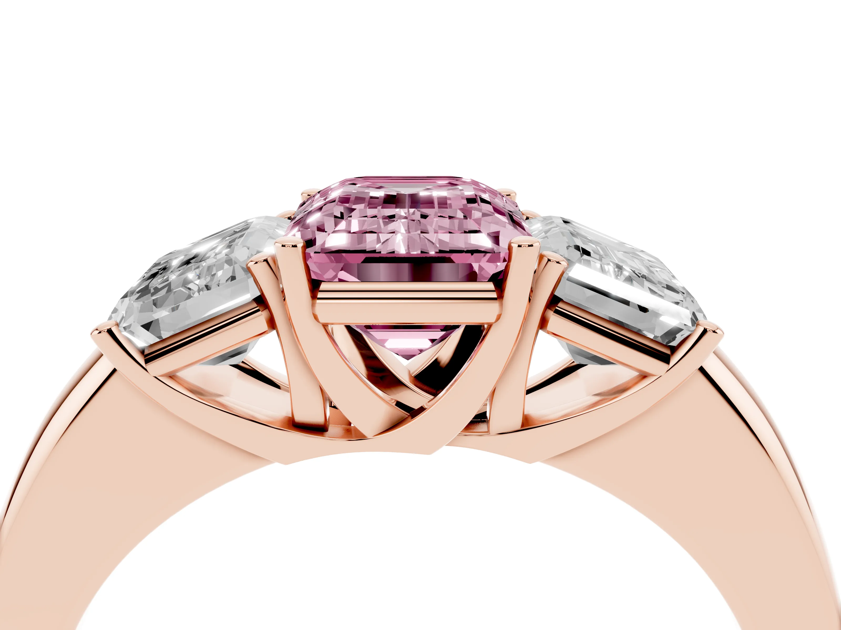 Fancy Pink Emerald Cut Diamond Three-Stone Ring Set in Rose gold with Bold Center and Classic Band