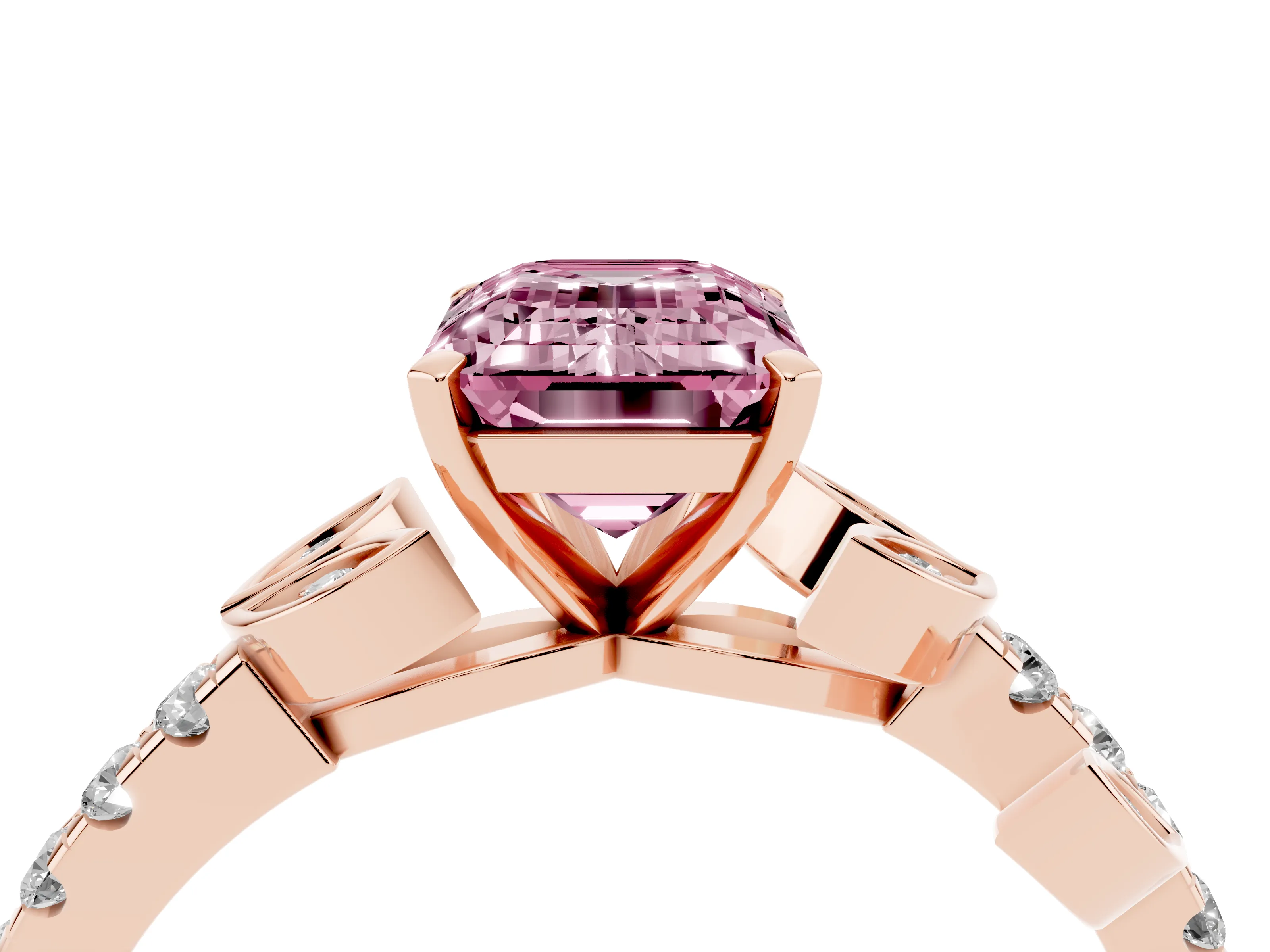 Fancy Pink Emerald Cut Diamond Solitaire Leaf-Inspired Ring Set in Rose gold with Pavé Band and Prong Setting