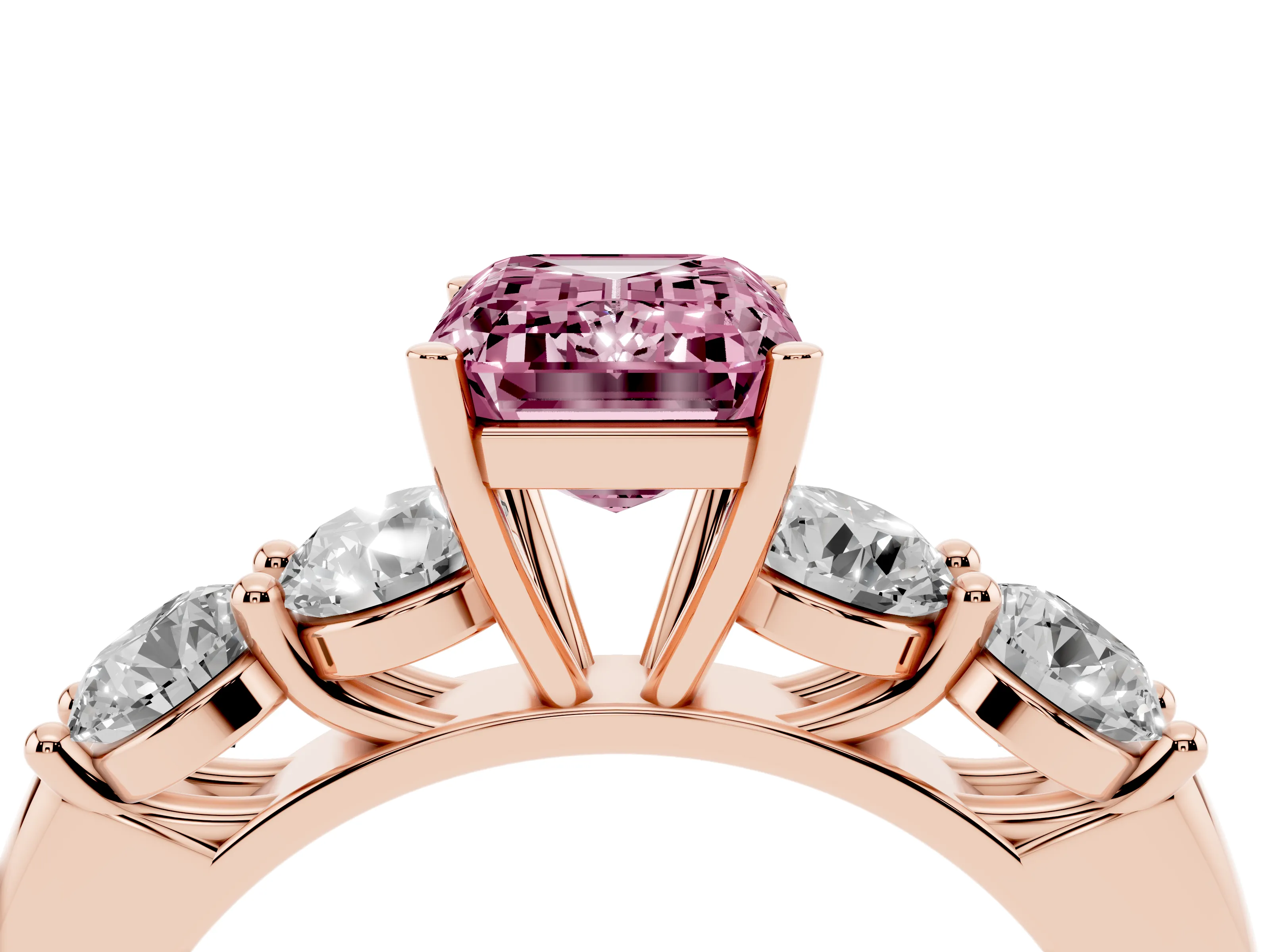Fancy Pink Emerald Cut Diamond Five-Stone Prong Set Ring Set in Rose gold with Classic Band