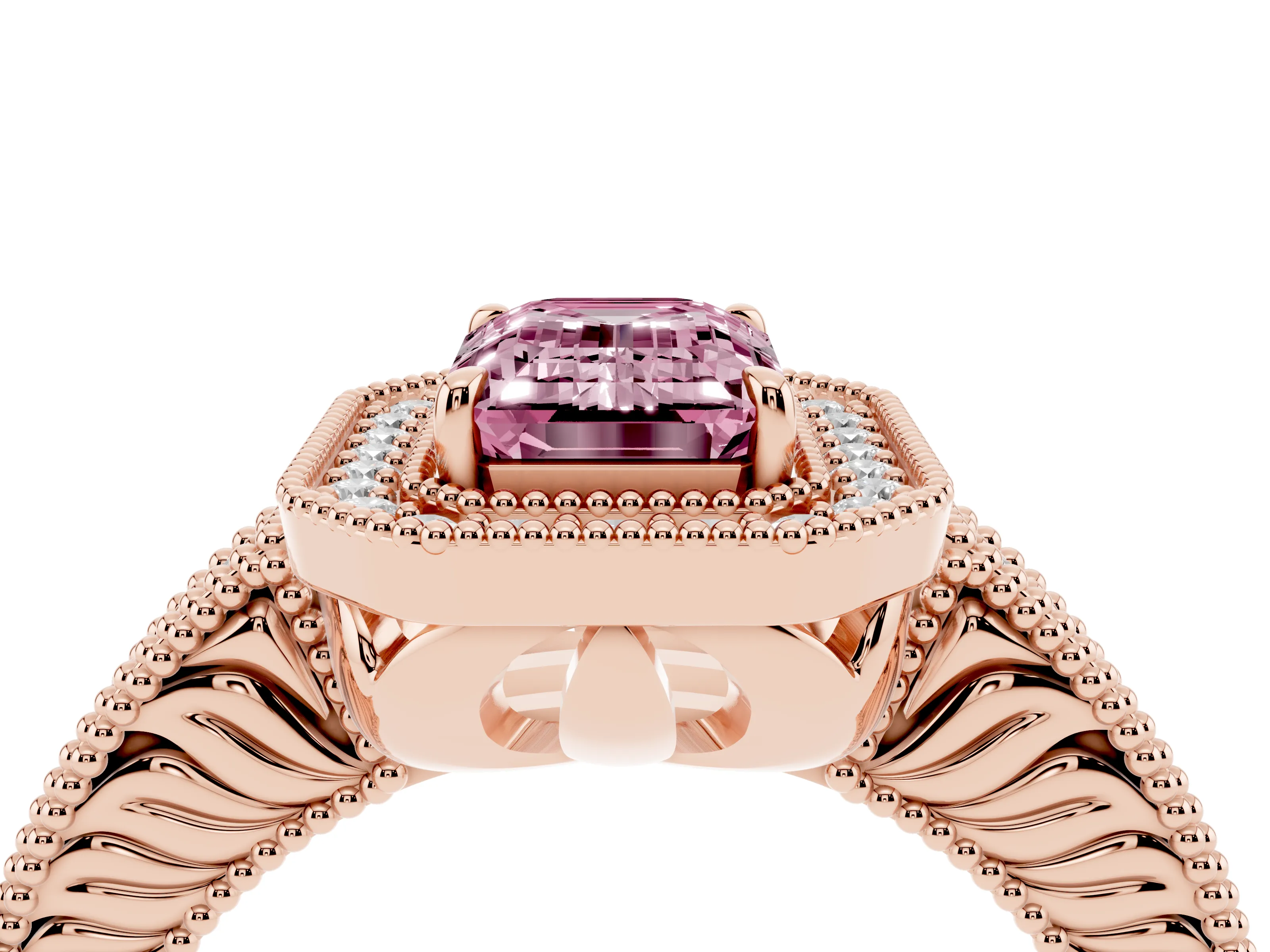 Fancy Pink Emerald Cut Diamond Halo Ring Set in Rose gold with Round Accent Halo, Pavé Band and Prong Setting