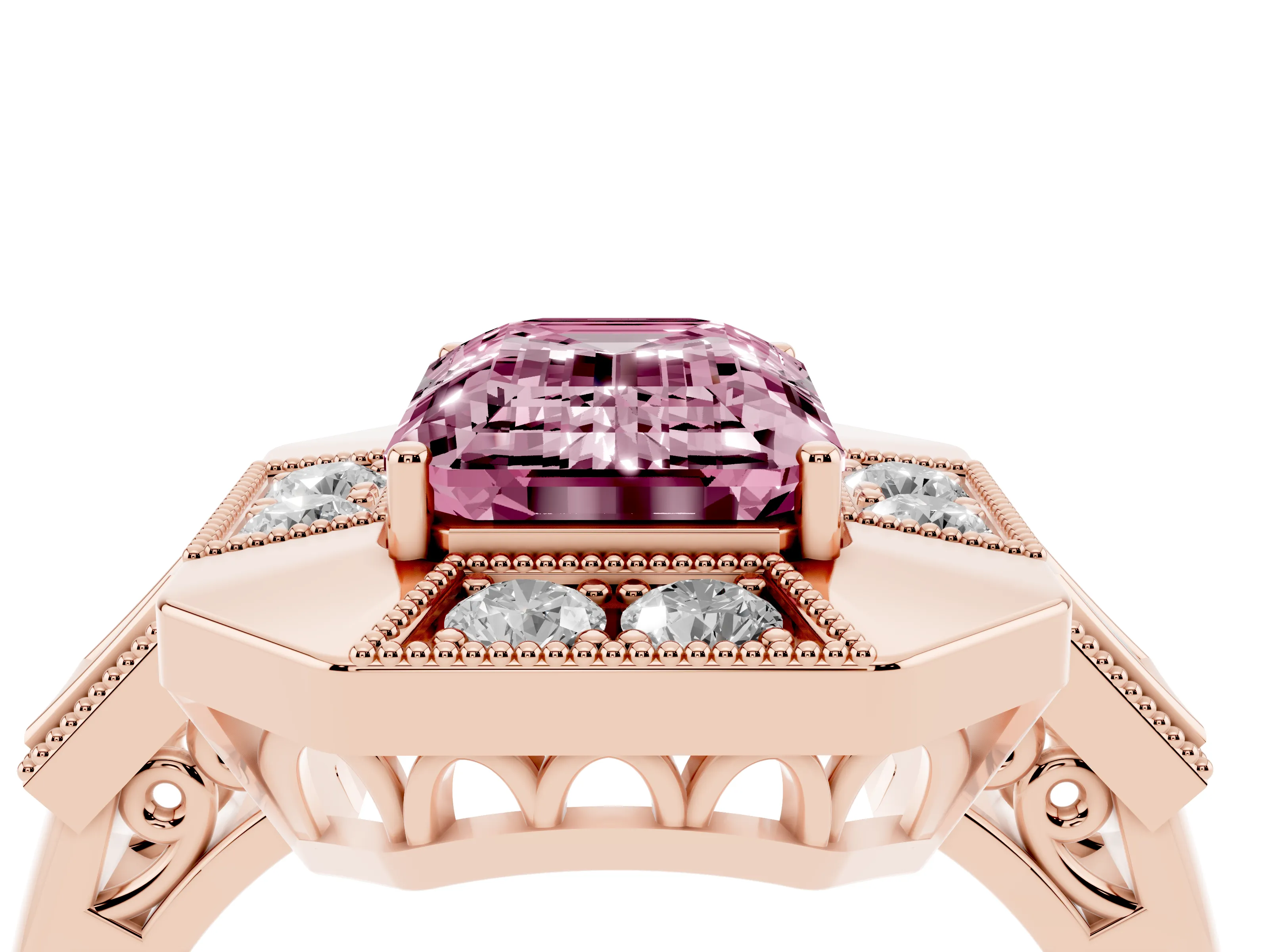 Fancy Pink Emerald Cut Diamond Milgrain Halo Ring Set in Rose gold with Split Shank