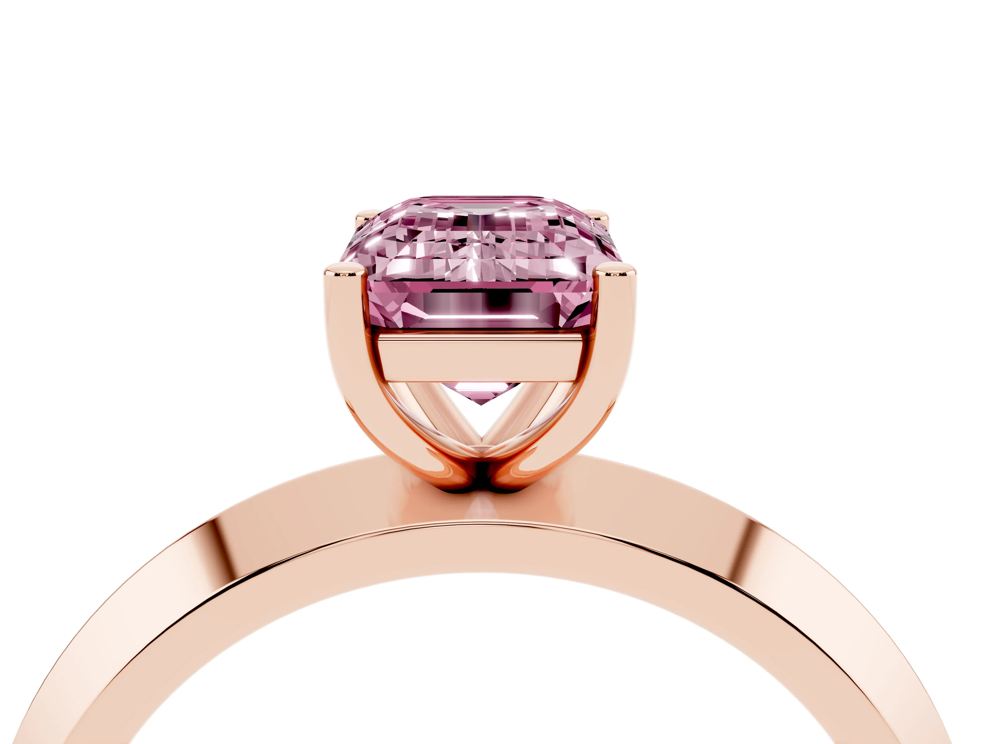 Fancy Pink Emerald Cut Diamond Solitaire Engagement Ring Set in Rose gold with Flat Band and Prong Setting