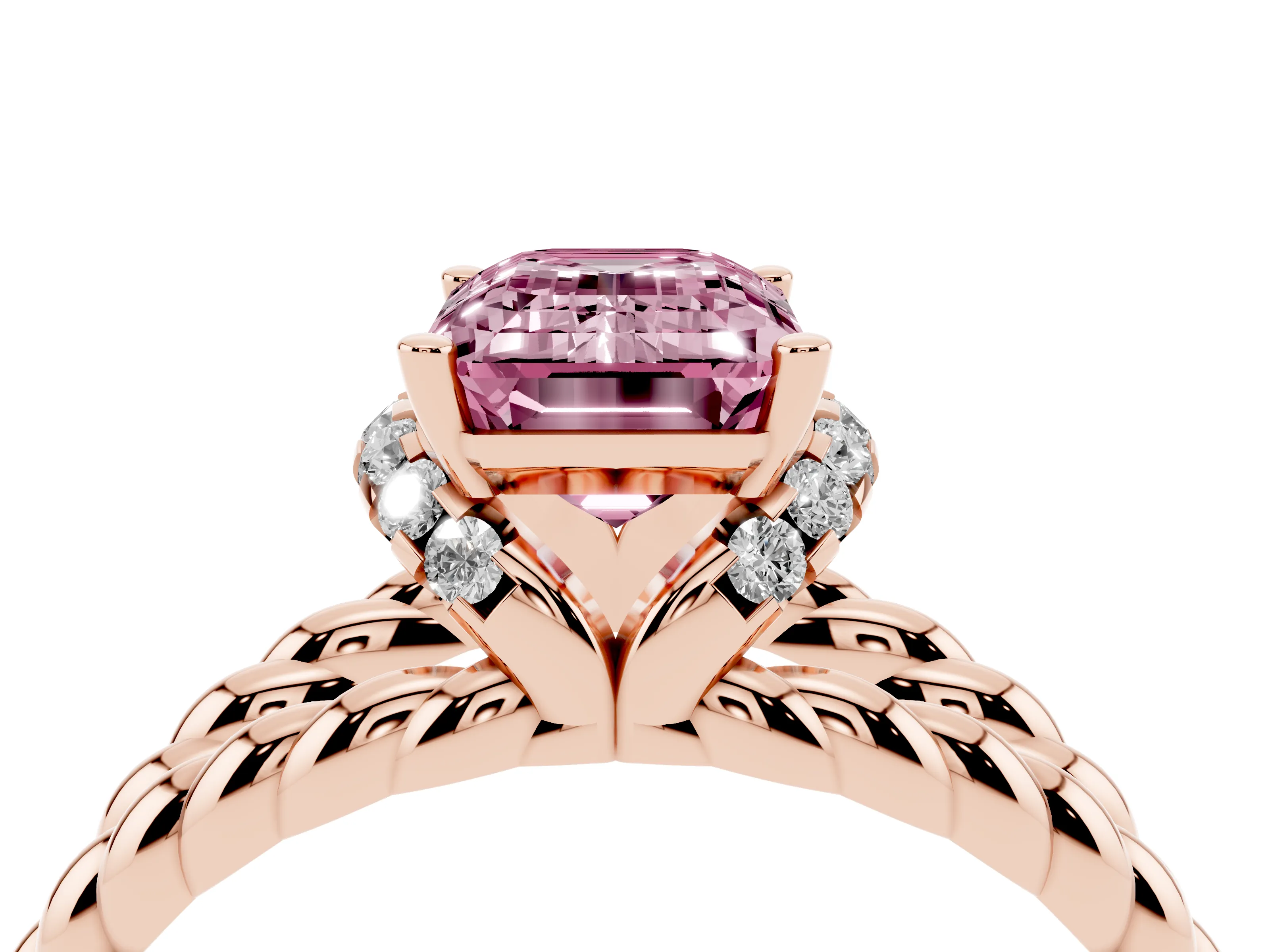 Fancy Pink Emerald Cut Diamond Halo Ring Set in Rose gold with Twisted Band and Prong Setting