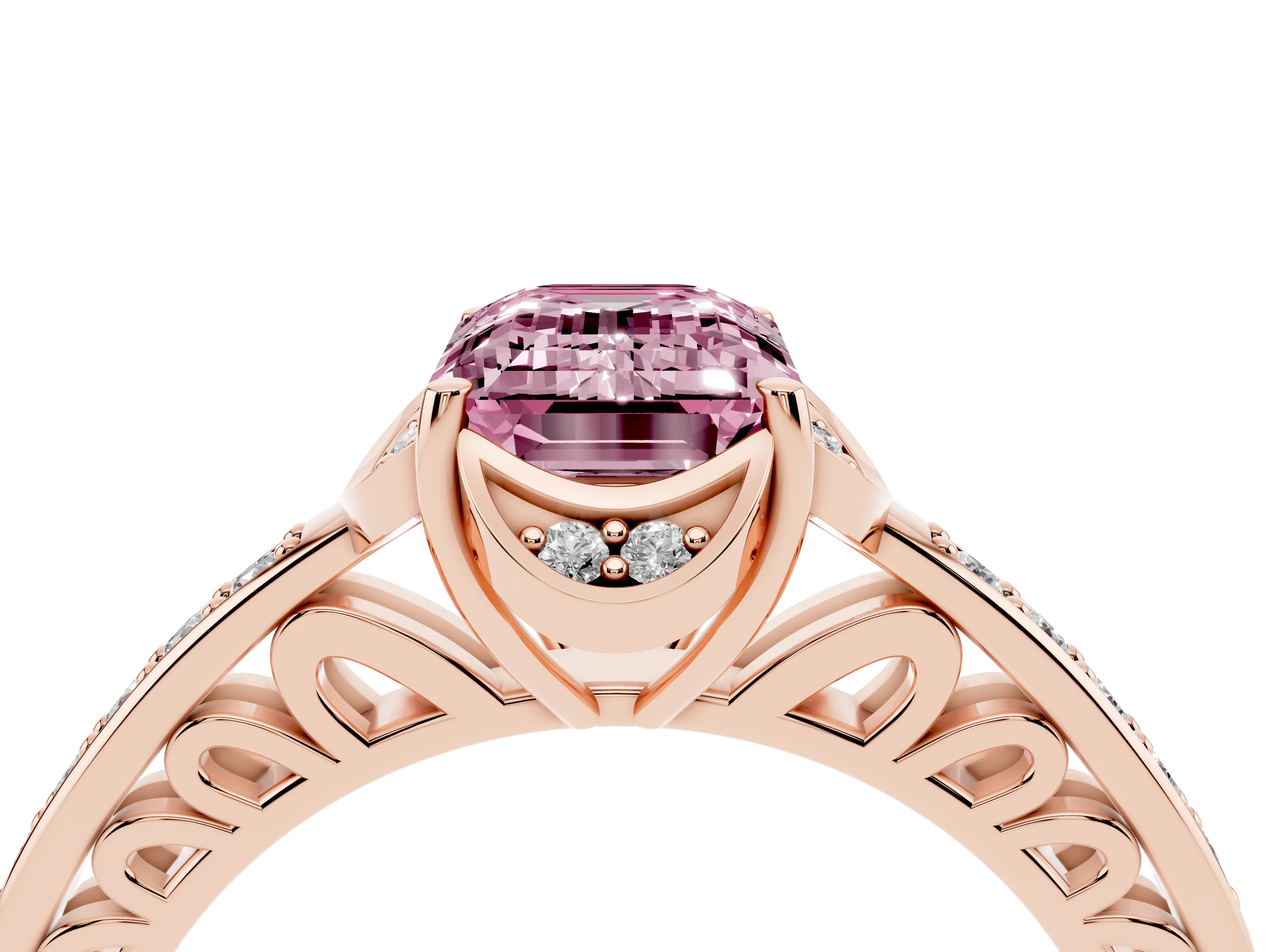 Fancy Pink Emerald Cut Diamond Halo Ring Set in Rose gold with Channel Set Band and Prong Setting