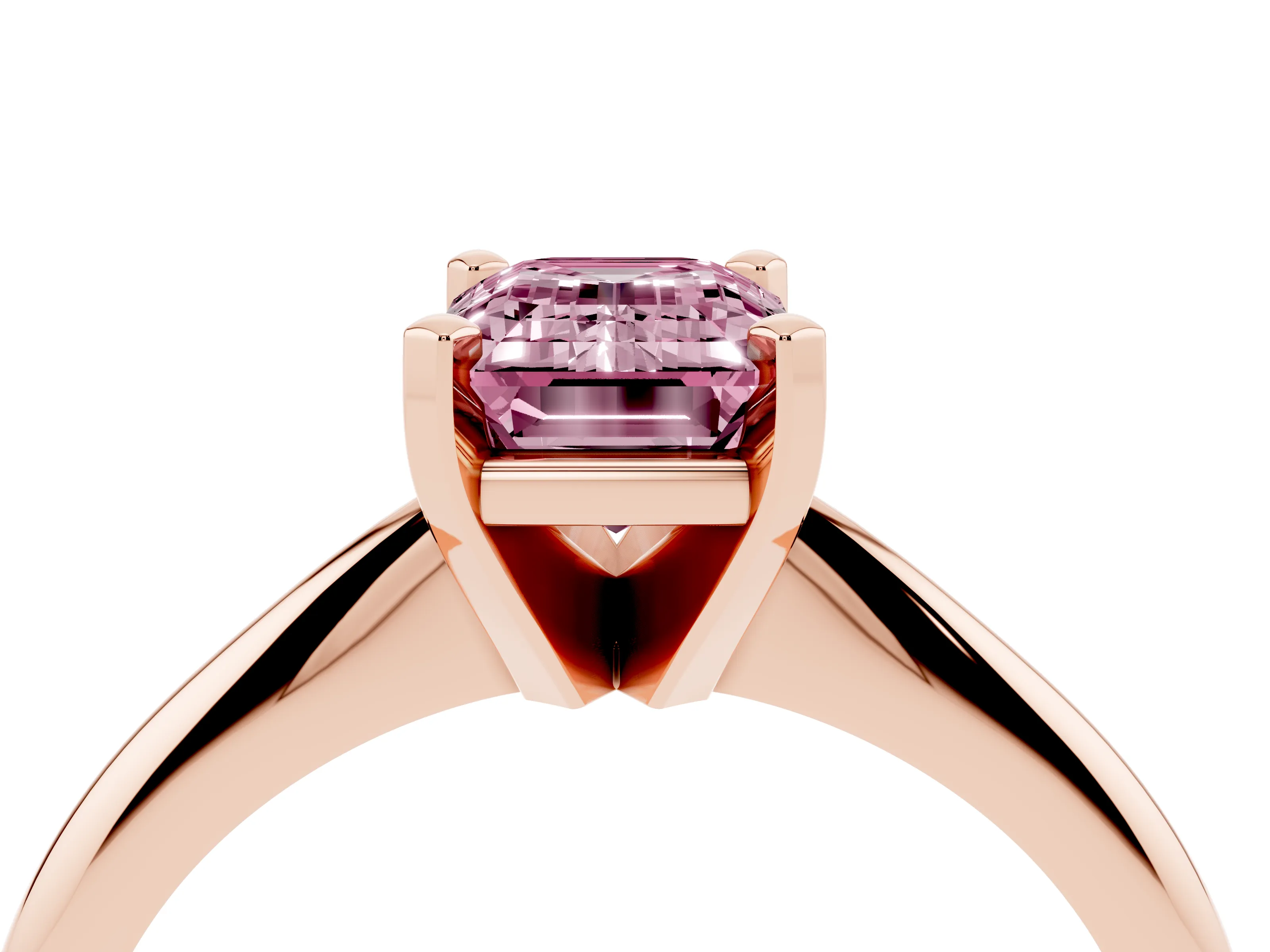 Fancy Pink Emerald Cut Diamond Solitaire Ring Set in Rose gold with Prong Setting on a Plain Round Band