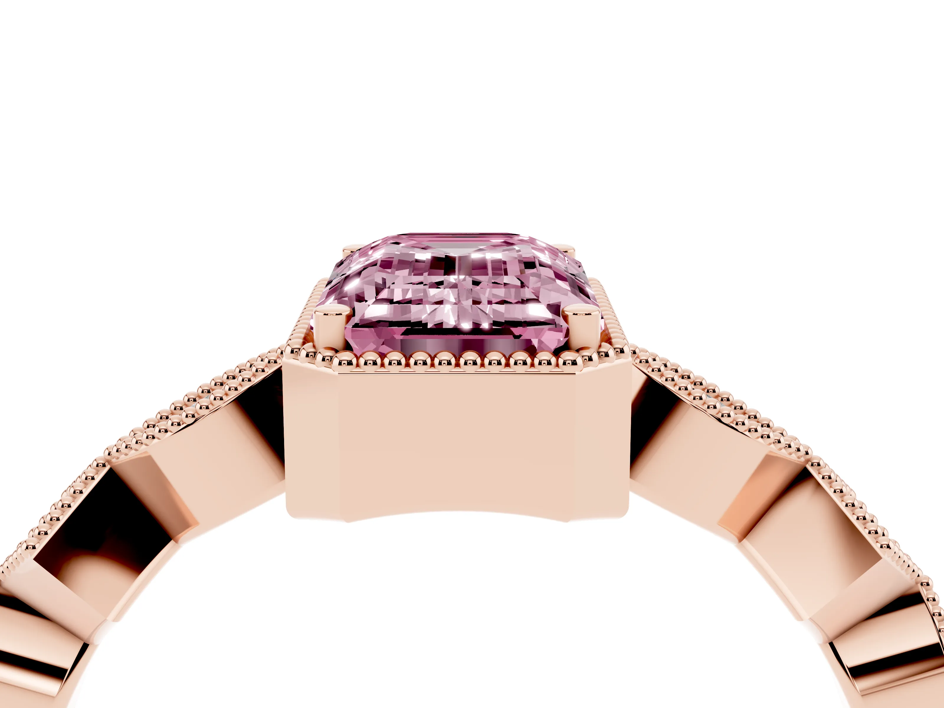 Fancy Pink Emerald Cut Diamond Milgrain Marquise Twist Band Ring Set in Rose gold with Prong Setting