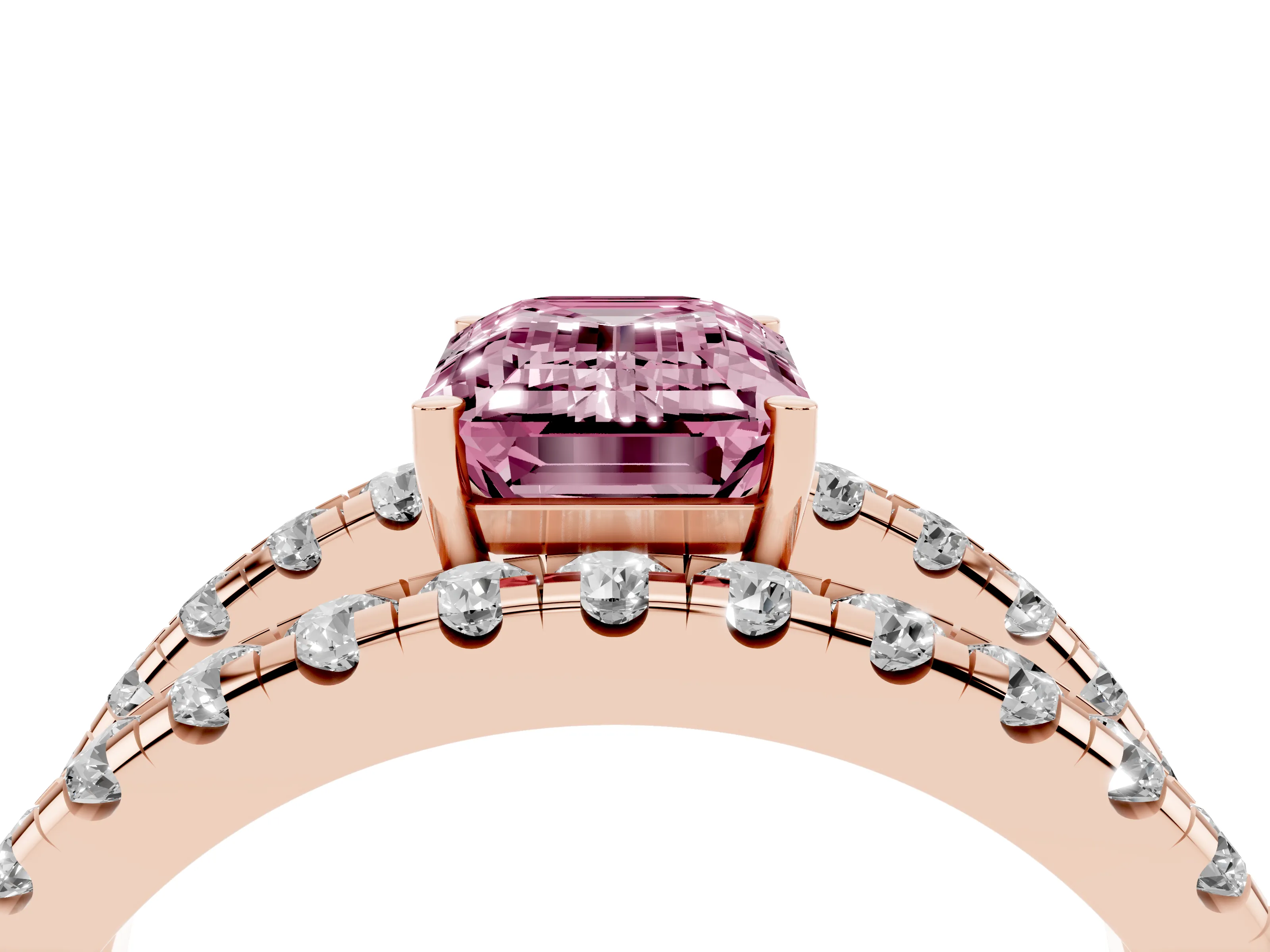 Fancy Pink Emerald Cut Diamond Split Shank Pavé Solitaire Ring Set in Rose gold with Open Shank Design