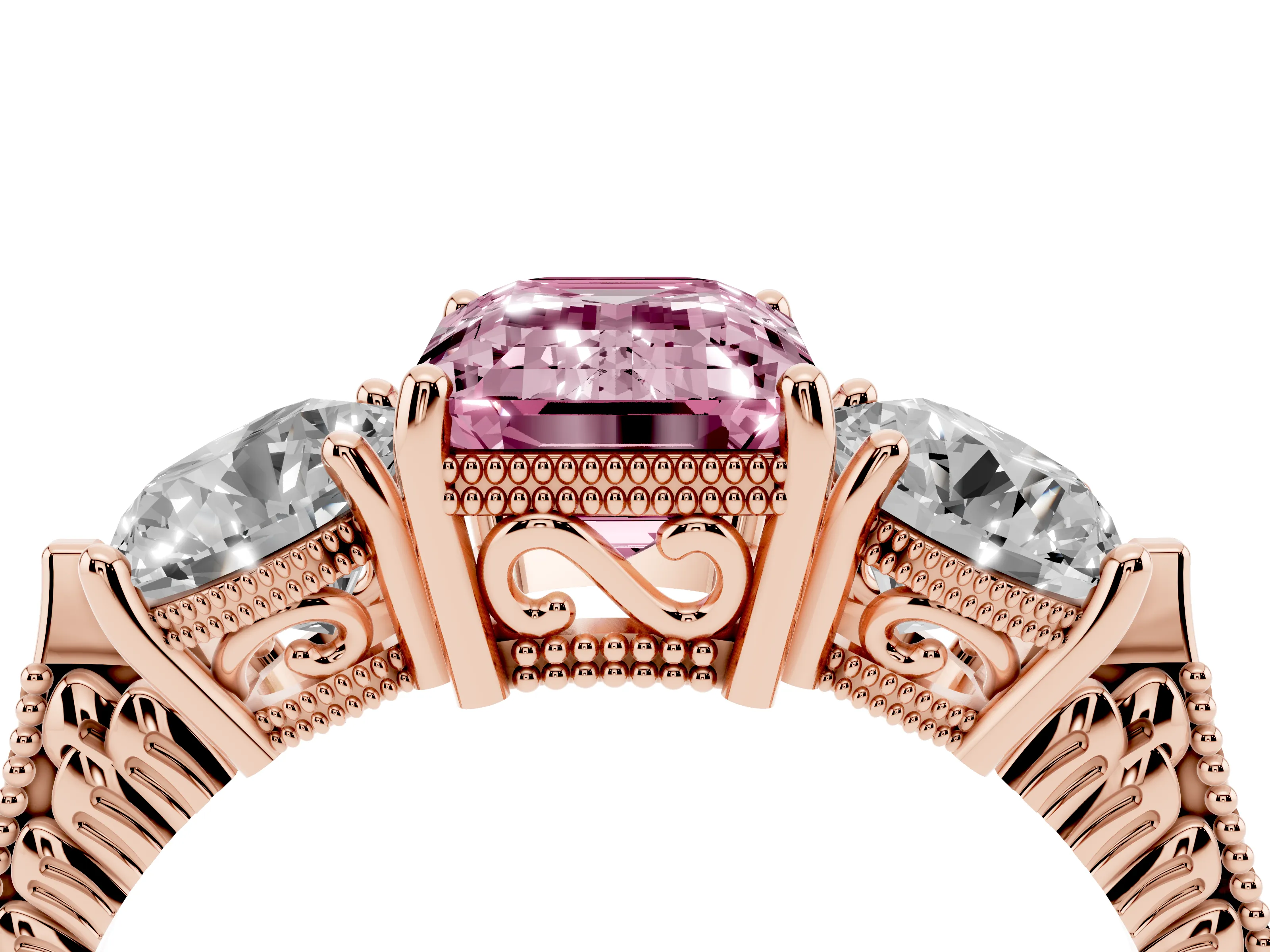 Fancy Pink Emerald Cut Diamond Three-Stone Ring Set in Rose gold with Milgrain Band