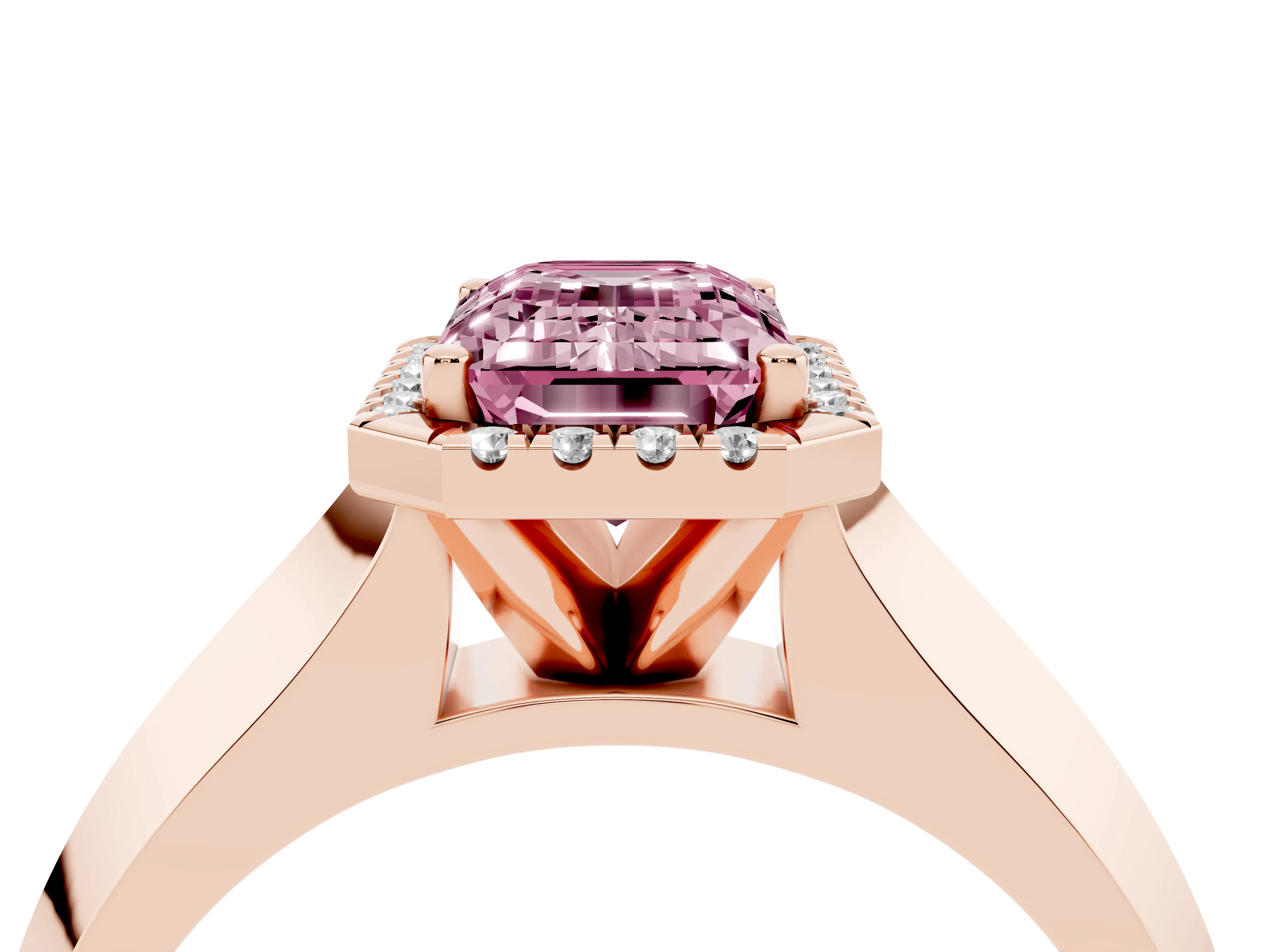 Fancy Pink Emerald Cut Diamond Halo Ring Set in Rose gold with Cathedral Band and Prong Setting