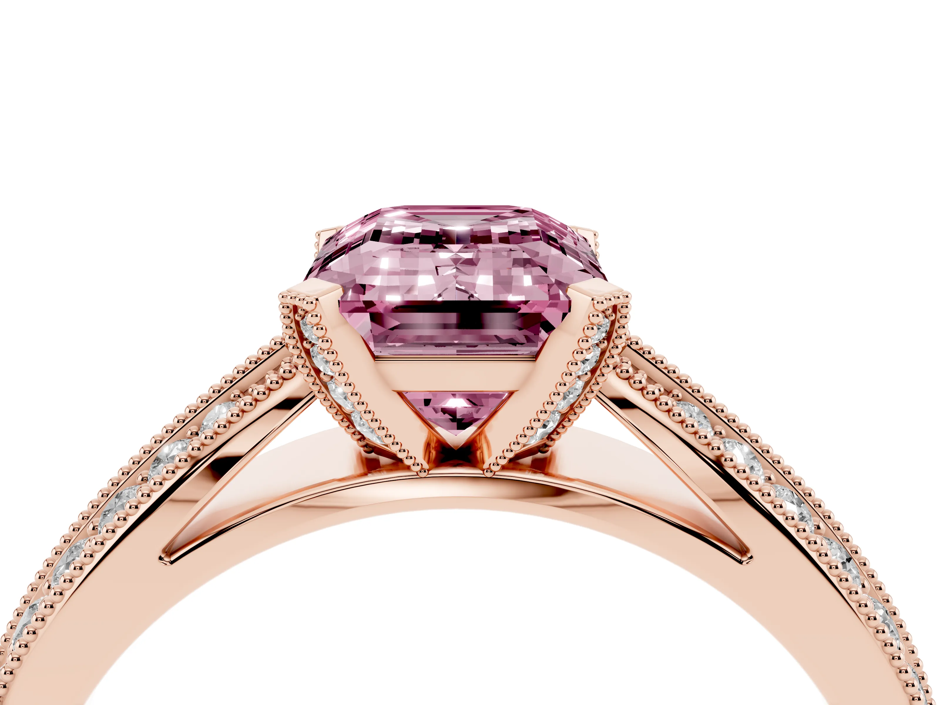 Fancy Pink Emerald Cut Diamond Solitaire Ring Set in Rose gold with Milgrain Double Row Round Pavé Band