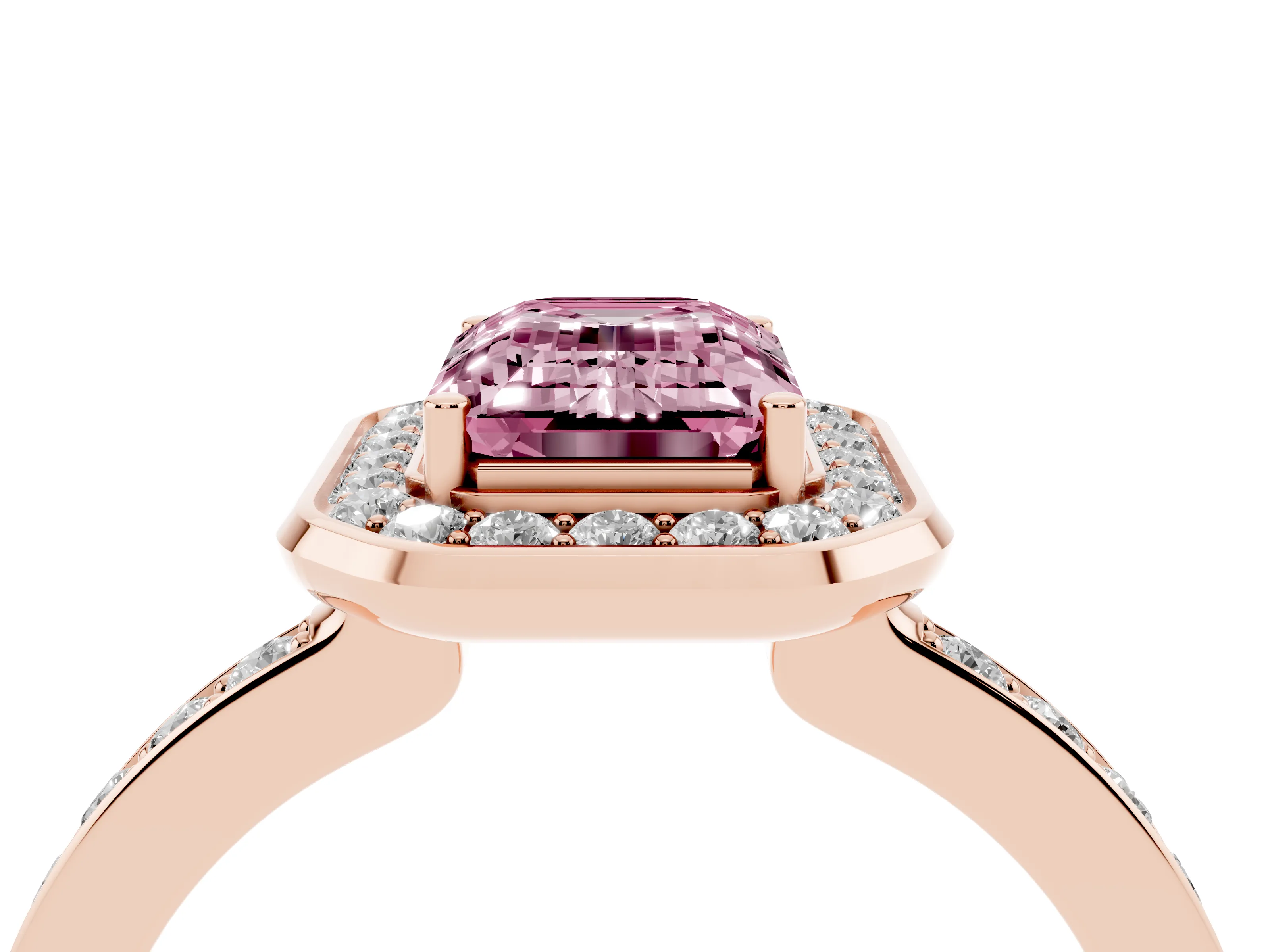Fancy Pink Emerald Cut Diamond Halo Ring Set in Rose gold with Bezel Frame and Pavé Band