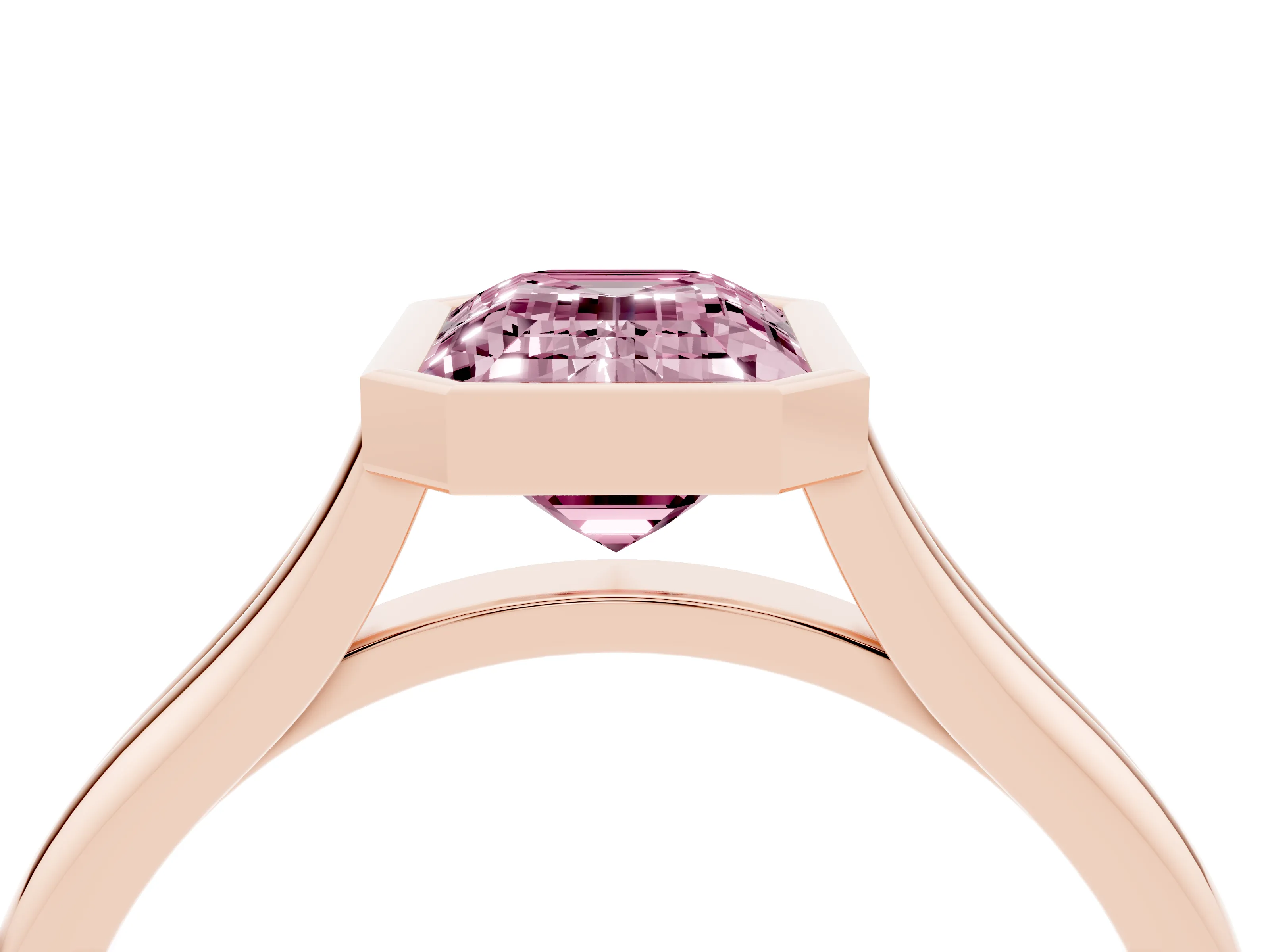 Fancy Pink Bezel Set Emerald Cut Diamond Solitaire Ring Set in Rose gold with Tapered Band