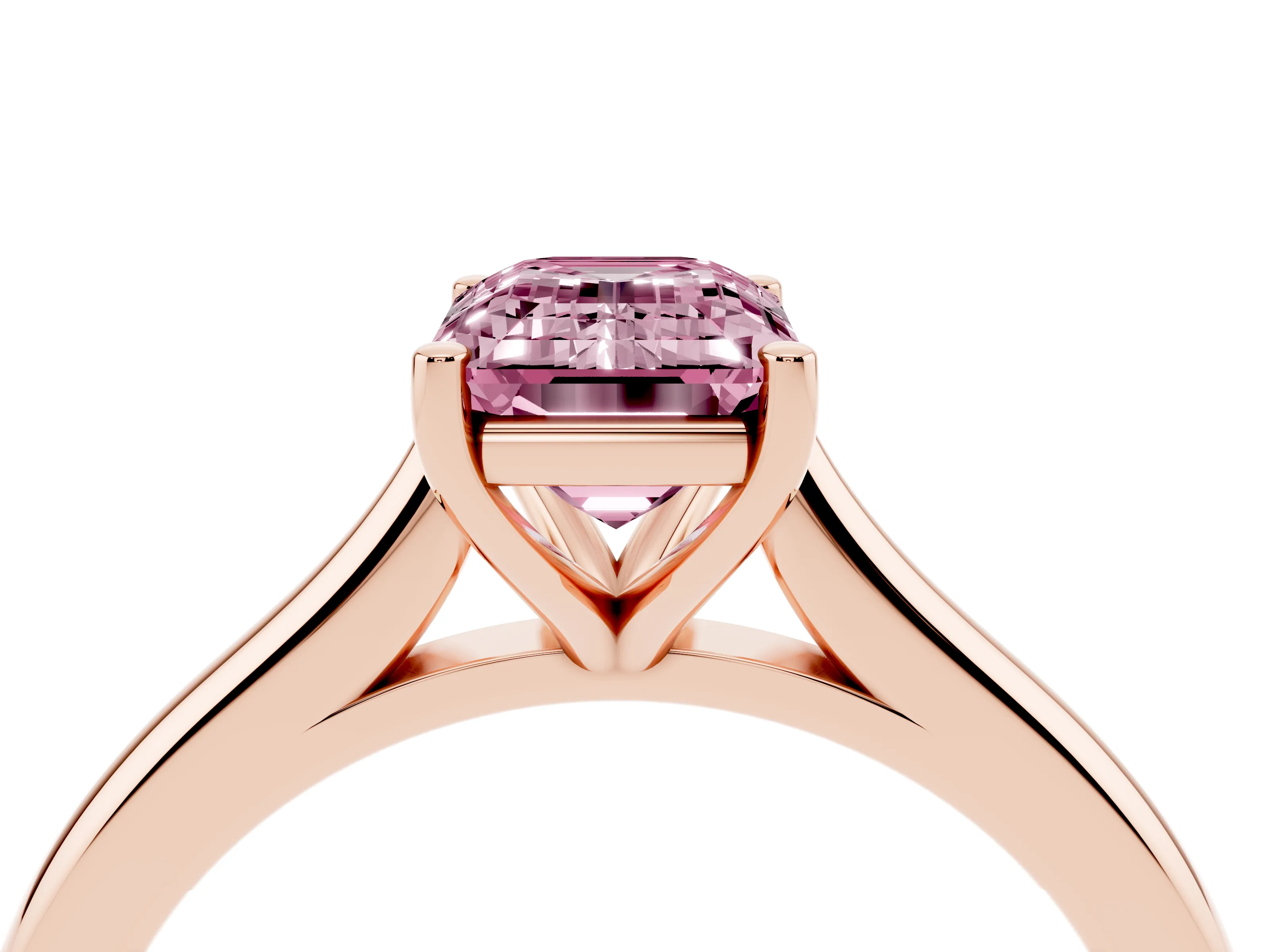 Fancy Pink Emerald Cut Diamond Solitaire Ring Set in Rose gold with Cathedral Band and Prong Setting
