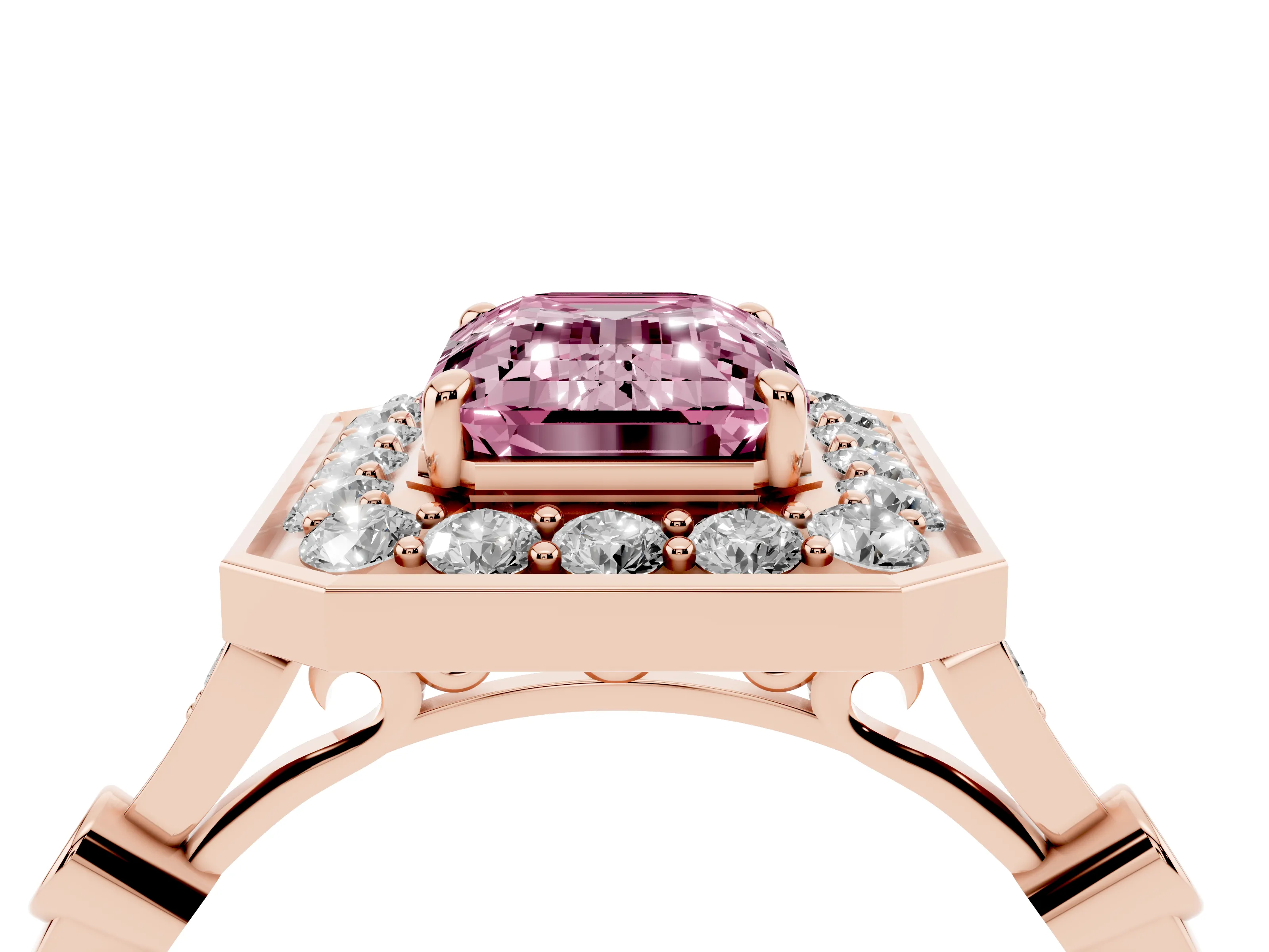 Fancy Pink Emerald Cut Diamond Halo Engagement Ring Set in Rose gold with Twisted Band and Prong Setting