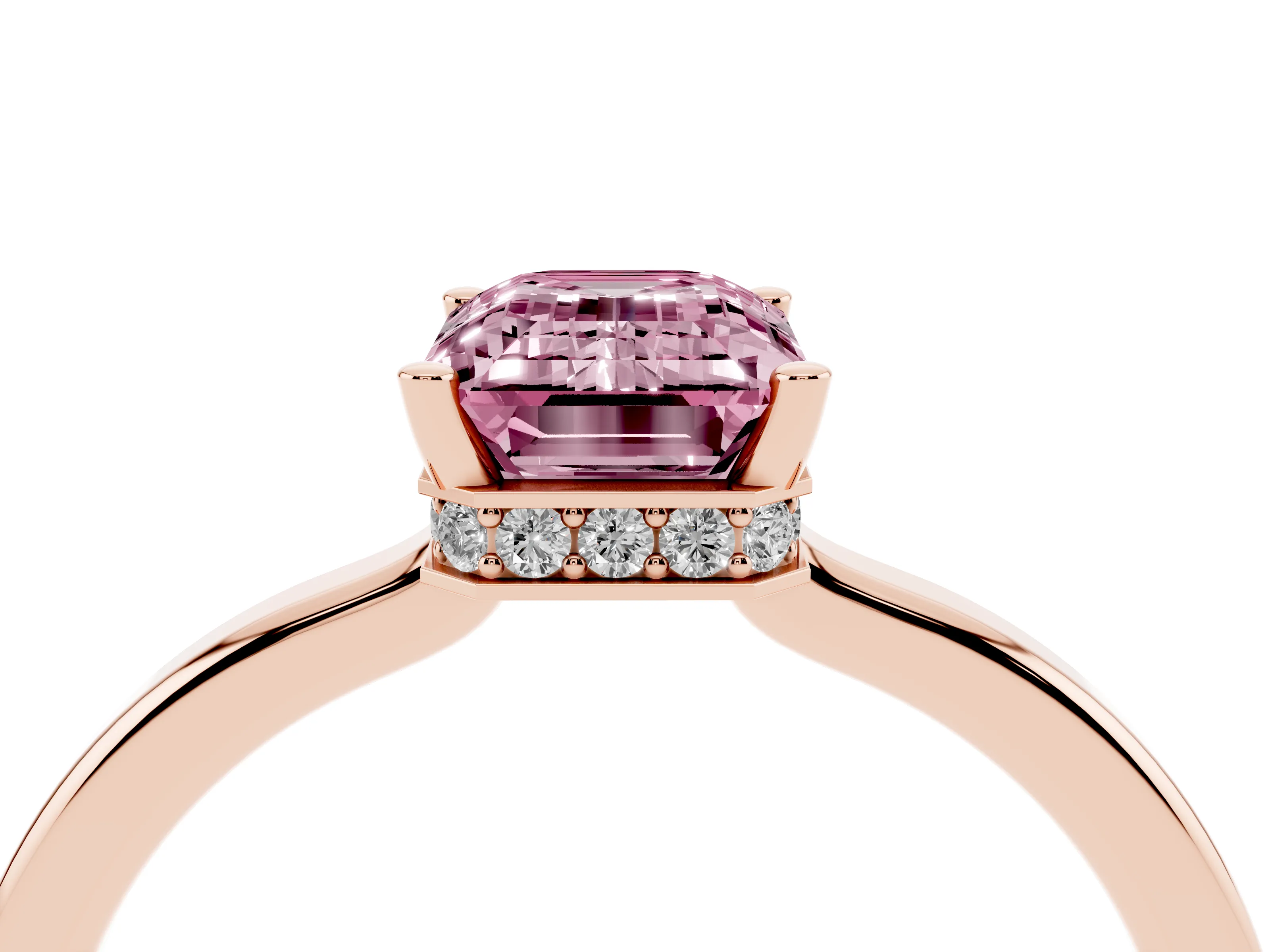 Fancy Pink Emerald Cut Diamond Solitaire Engagement Ring Set in Rose gold with Prong Setting on a Plain Band