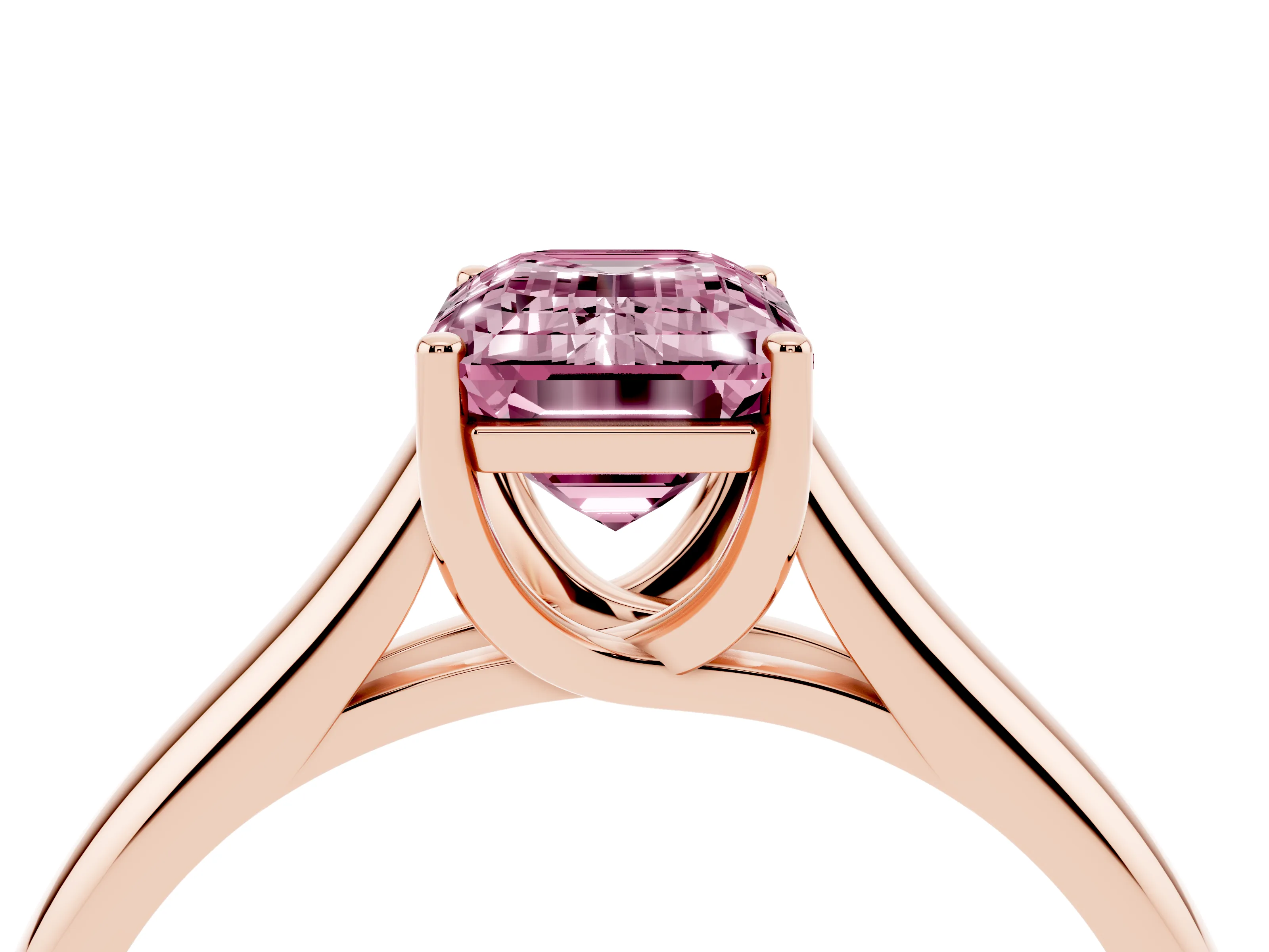 Fancy Pink Emerald Cut Diamond Solitaire Engagement Ring Set in Rose gold with Subtly Tapered Band and Prong Setting