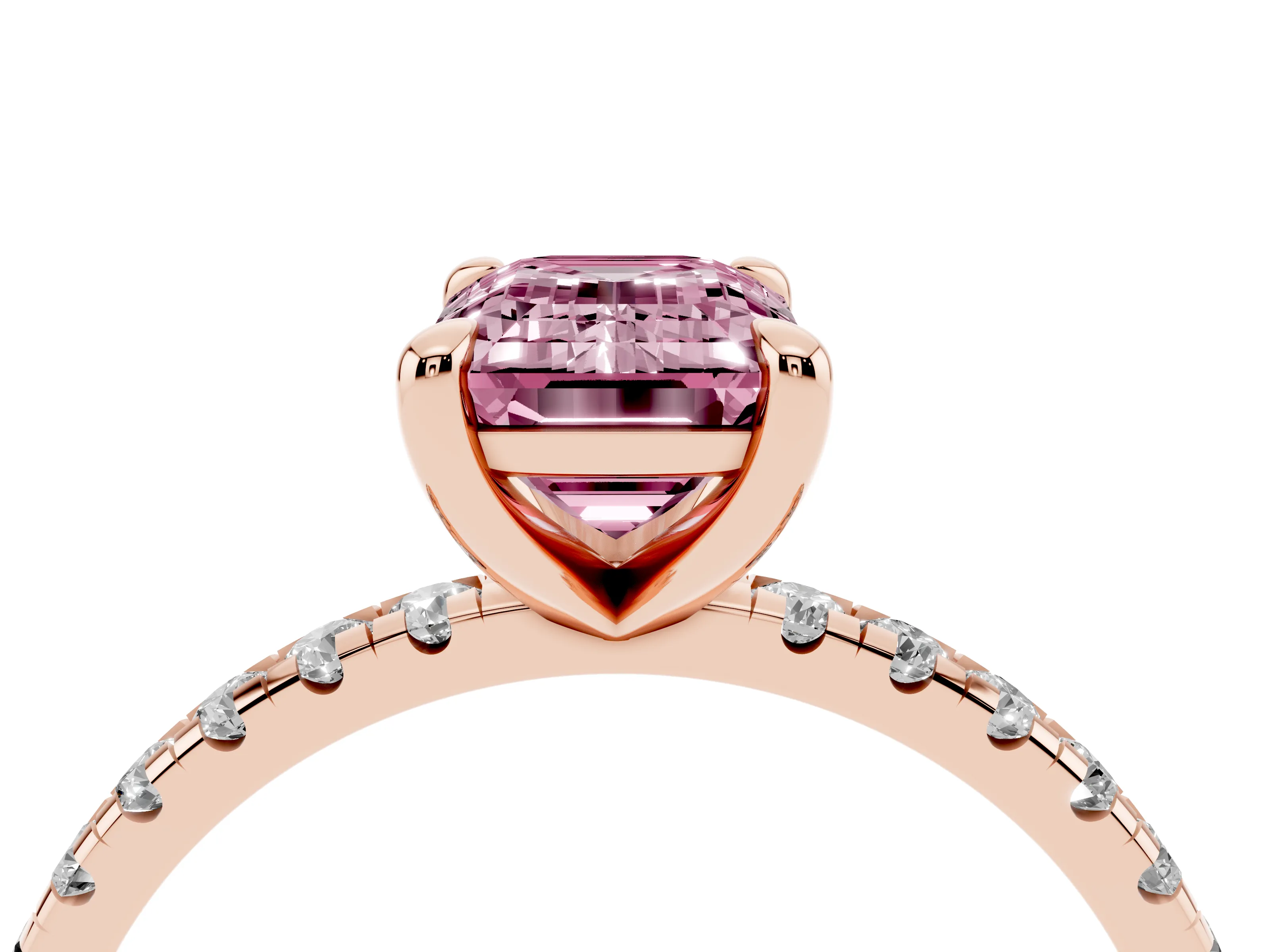 Fancy Pink Emerald Cut Diamond Brilliant Solitaire Ring Set in Rose gold with Pavé Band and Prong Setting