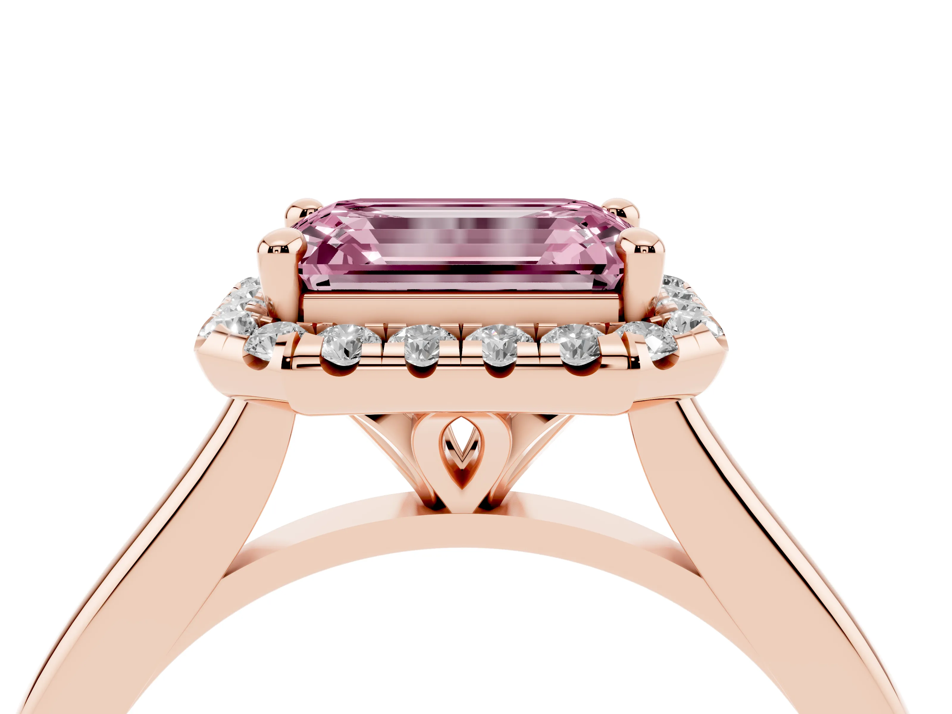 Fancy Pink Emerald Cut Diamond Halo Engagement Ring Set in Rose gold with Pavé Band and Rising Shoulders