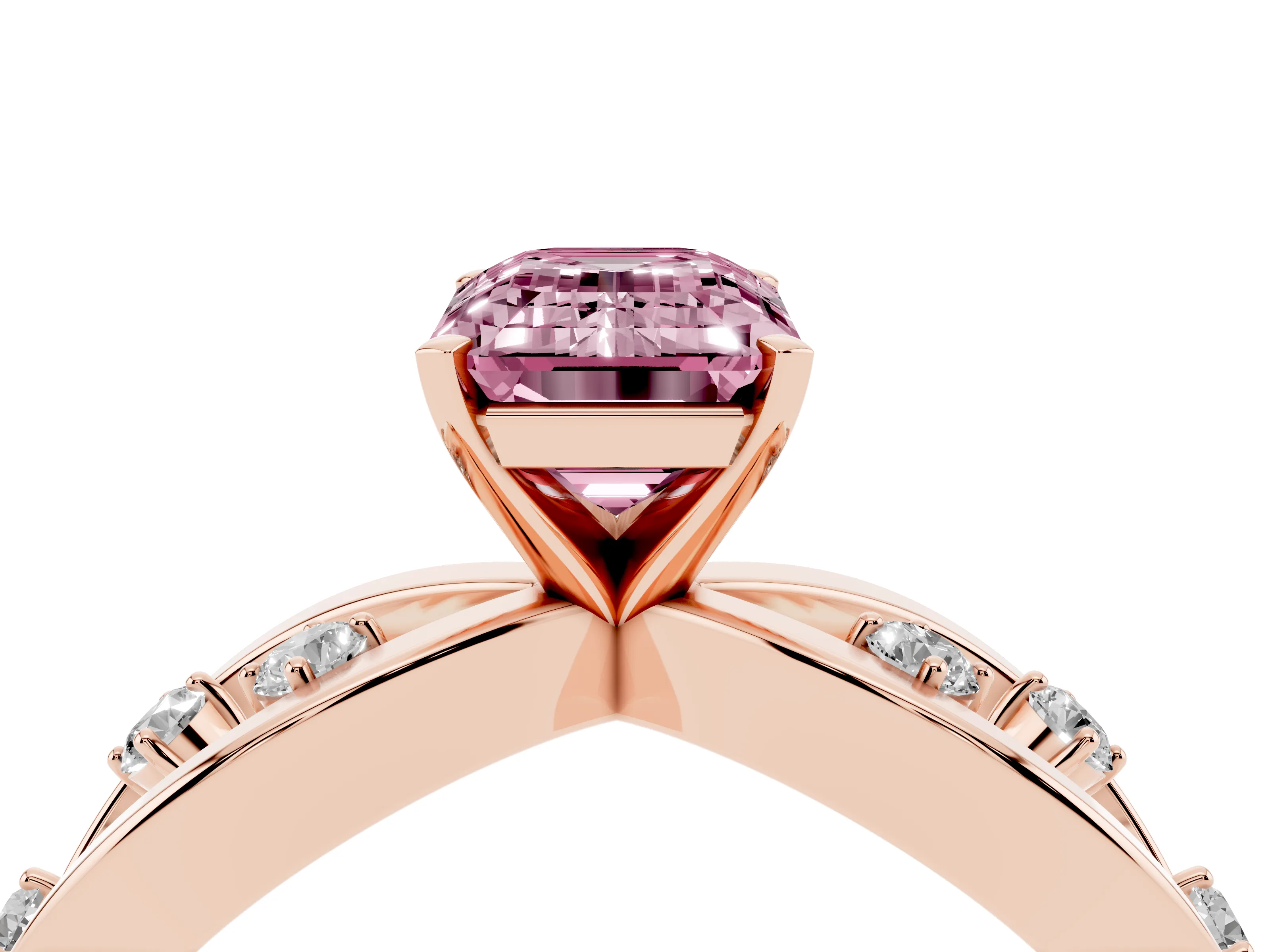 Fancy Pink Emerald Cut Diamond Solitaire Ring Set in Rose gold with Side Stones on Criss-Cross Band and Prong Setting