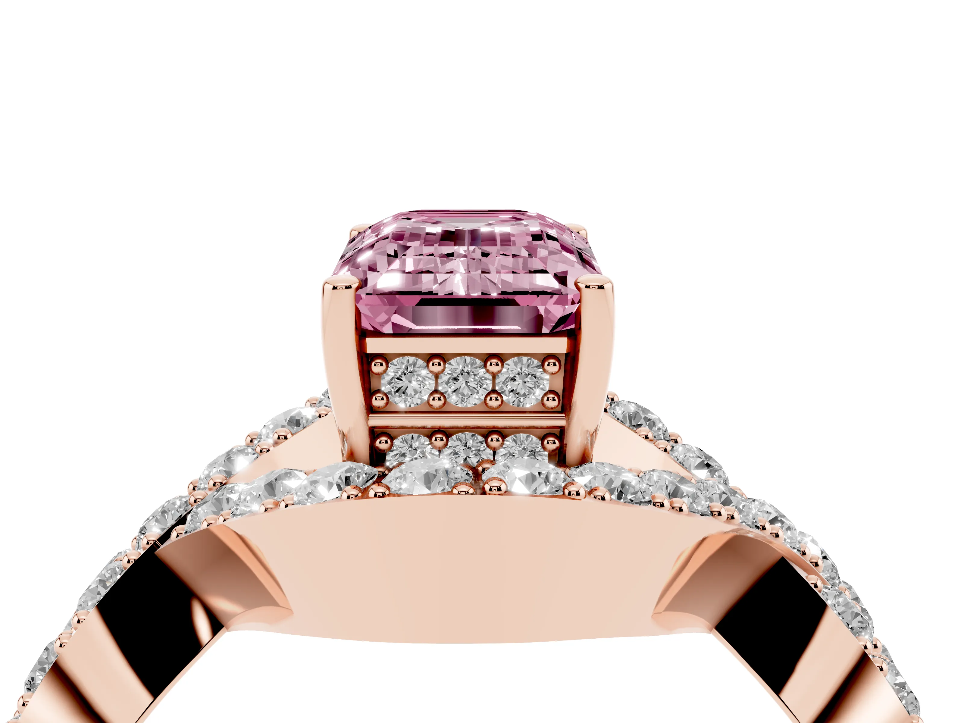 Fancy Pink Emerald Cut Diamond Solitaire Twist Band Pavé Engagement Ring Set in Rose gold