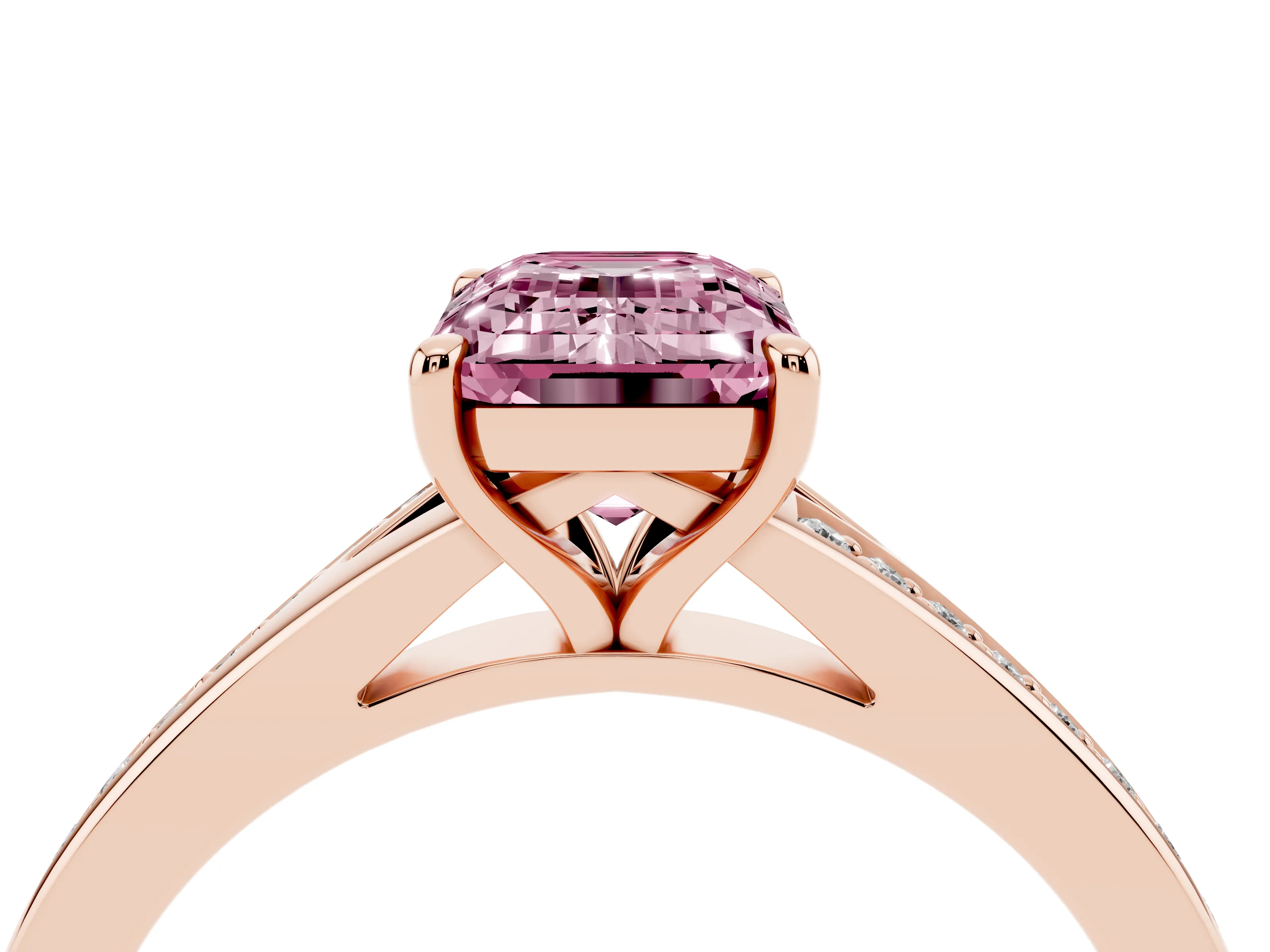 Fancy Pink Emerald Cut Diamond Solitaire Ring Set in Rose gold with Pavé Accent Band and Classic Prong Setting