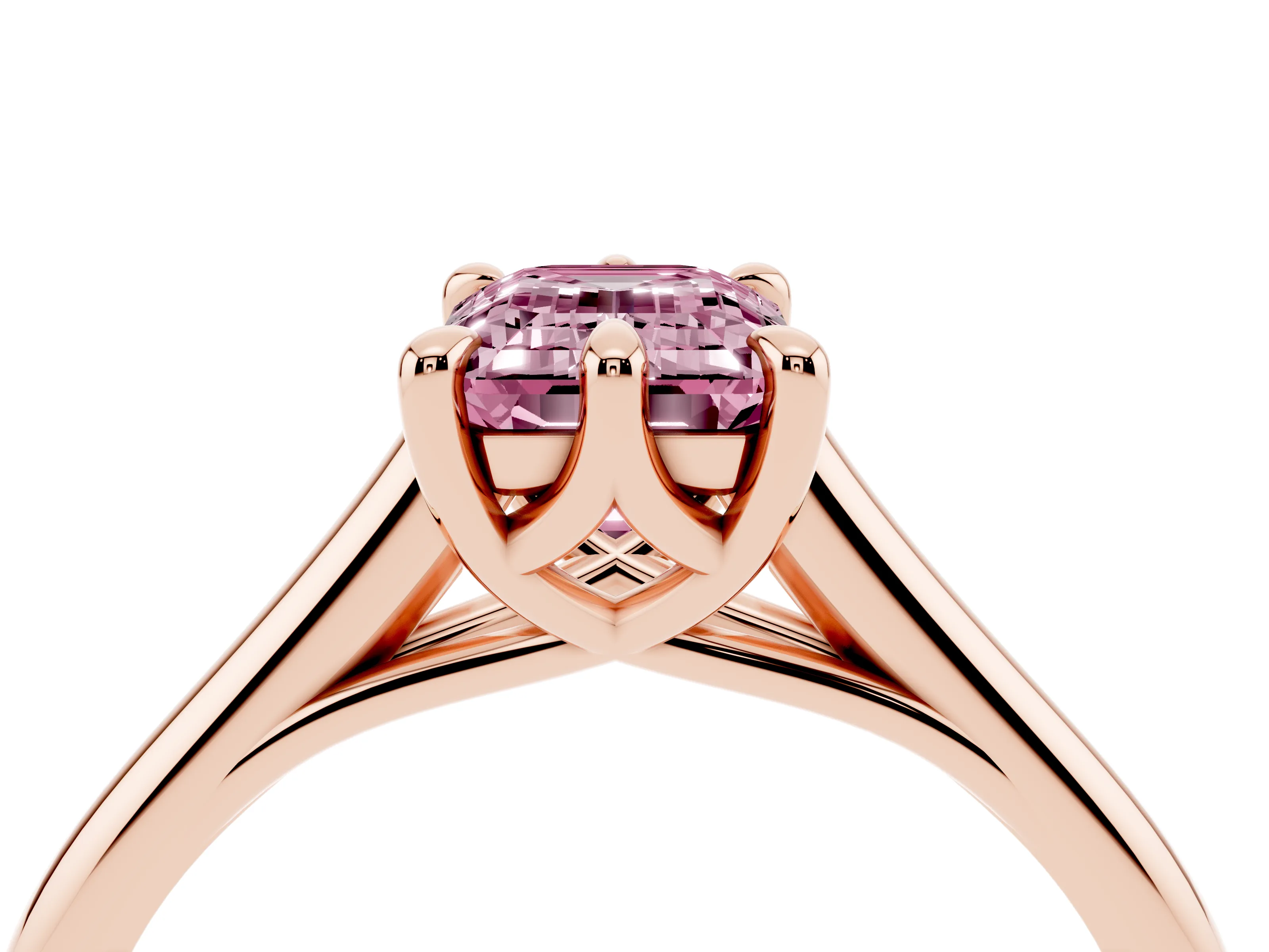 Fancy Pink Emerald Cut Diamond Solitaire Engagement Ring Set in Rose gold with Prong Setting and Plain Classic Band