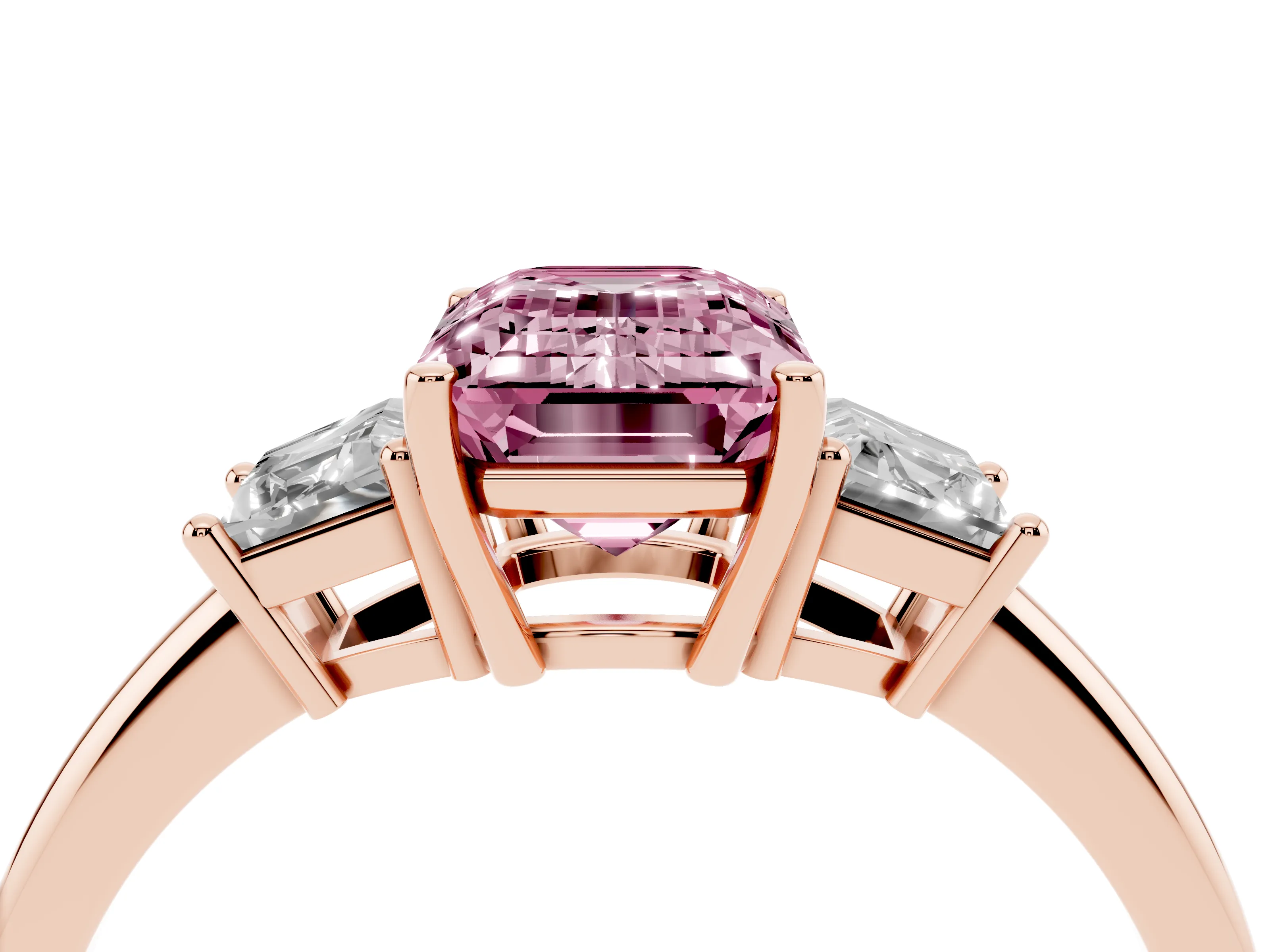 Fancy Pink Emerald Cut Diamond Three-Stone Ring Set in Rose gold with Trapezoid Side Stones and Prong Setting