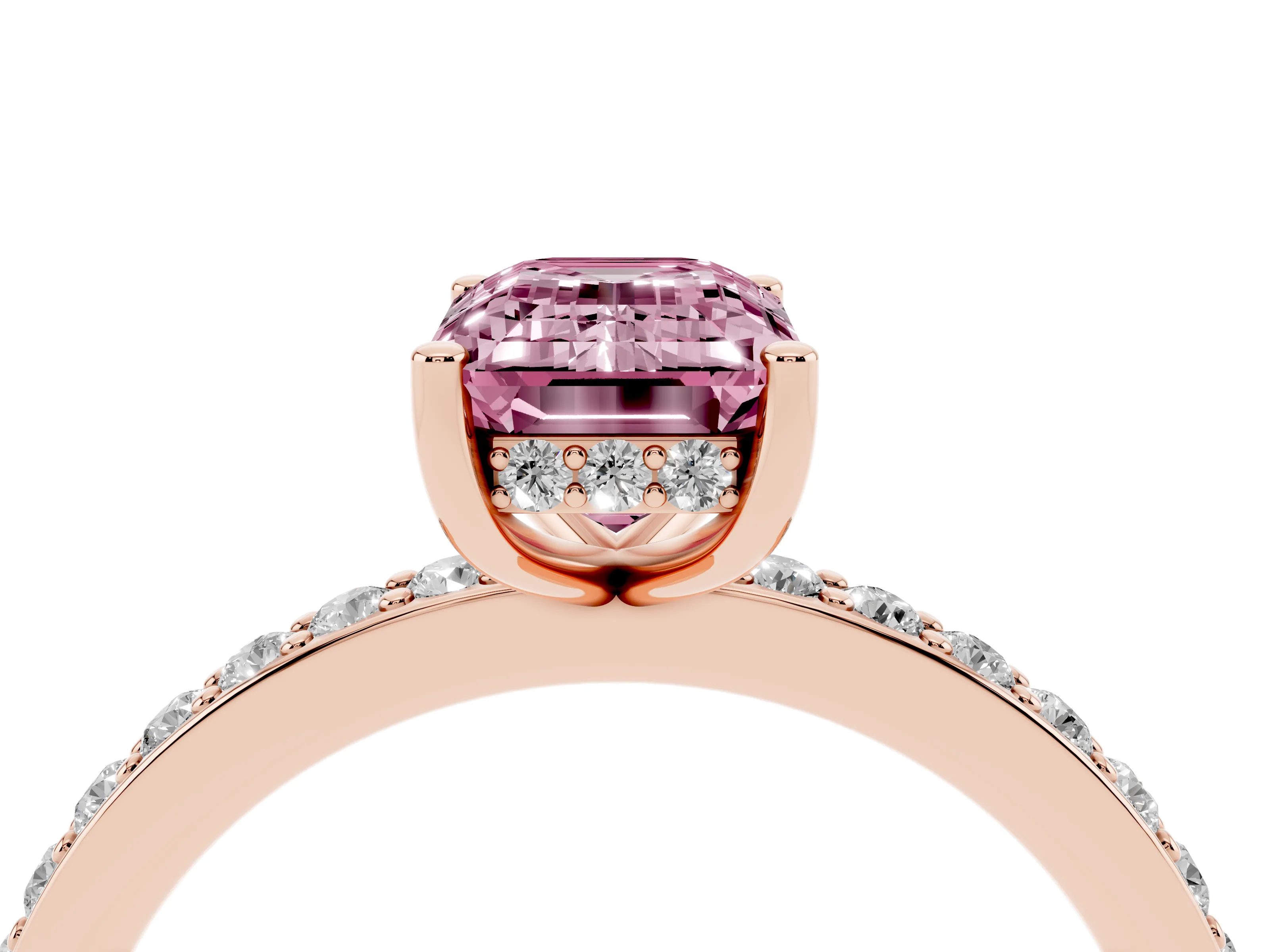 Fancy Pink Emerald Cut Diamond Pavé Band Ring Set in Rose gold with Prong-Set Center Stone