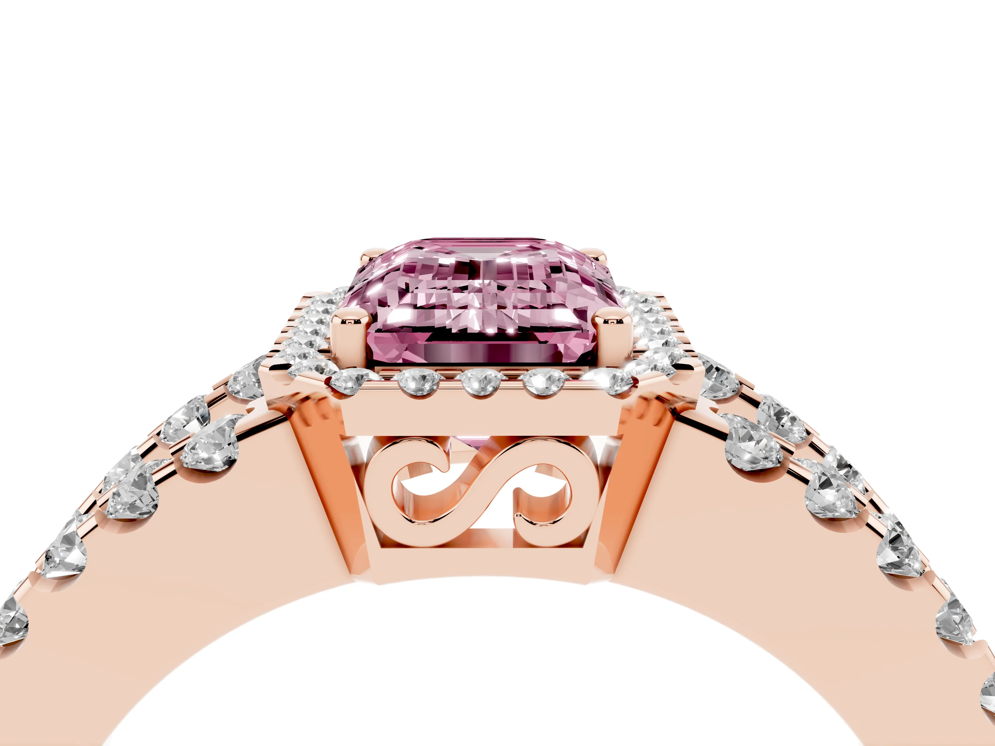 Fancy Pink Emerald Cut Diamond Halo Ring Set in Rose gold with Pavé Split Shank and Prong Setting