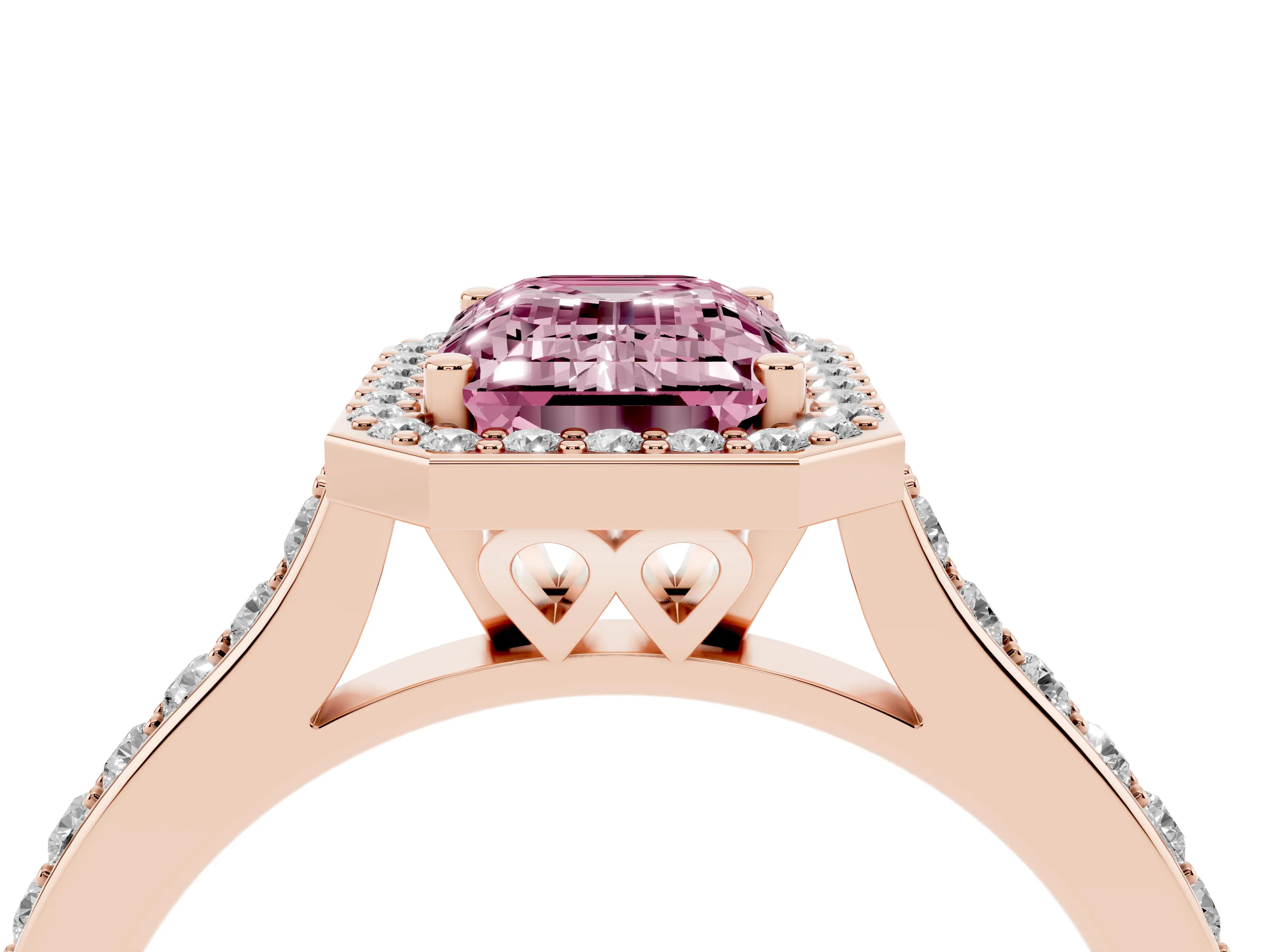 Fancy Pink Emerald Cut Diamond Halo Engagement Ring Set in Rose gold with Round Pavé Shoulders and Heart Gallery