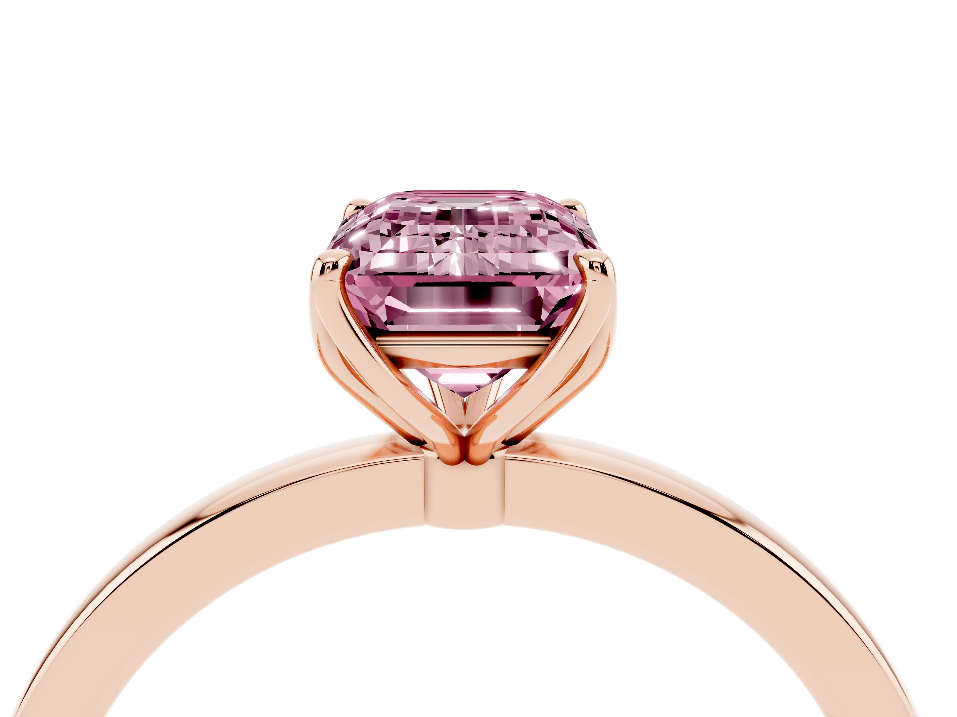 Fancy Pink Emerald Cut Diamond Solitaire Ring Set in Rose gold with Prong Setting and Thin Polished Band