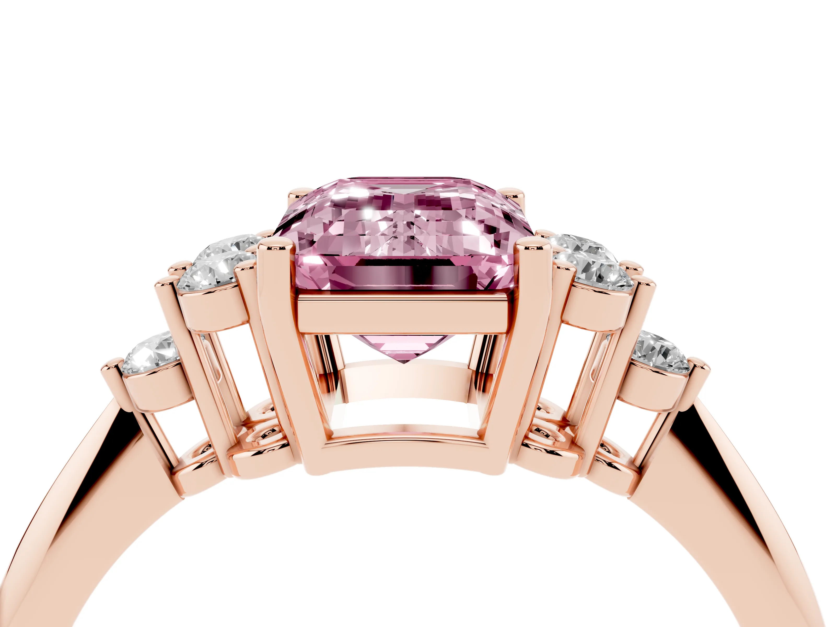Fancy Pink Emerald Cut Diamond Cluster Ring Set in Rose gold with Plain Band and Prong Setting